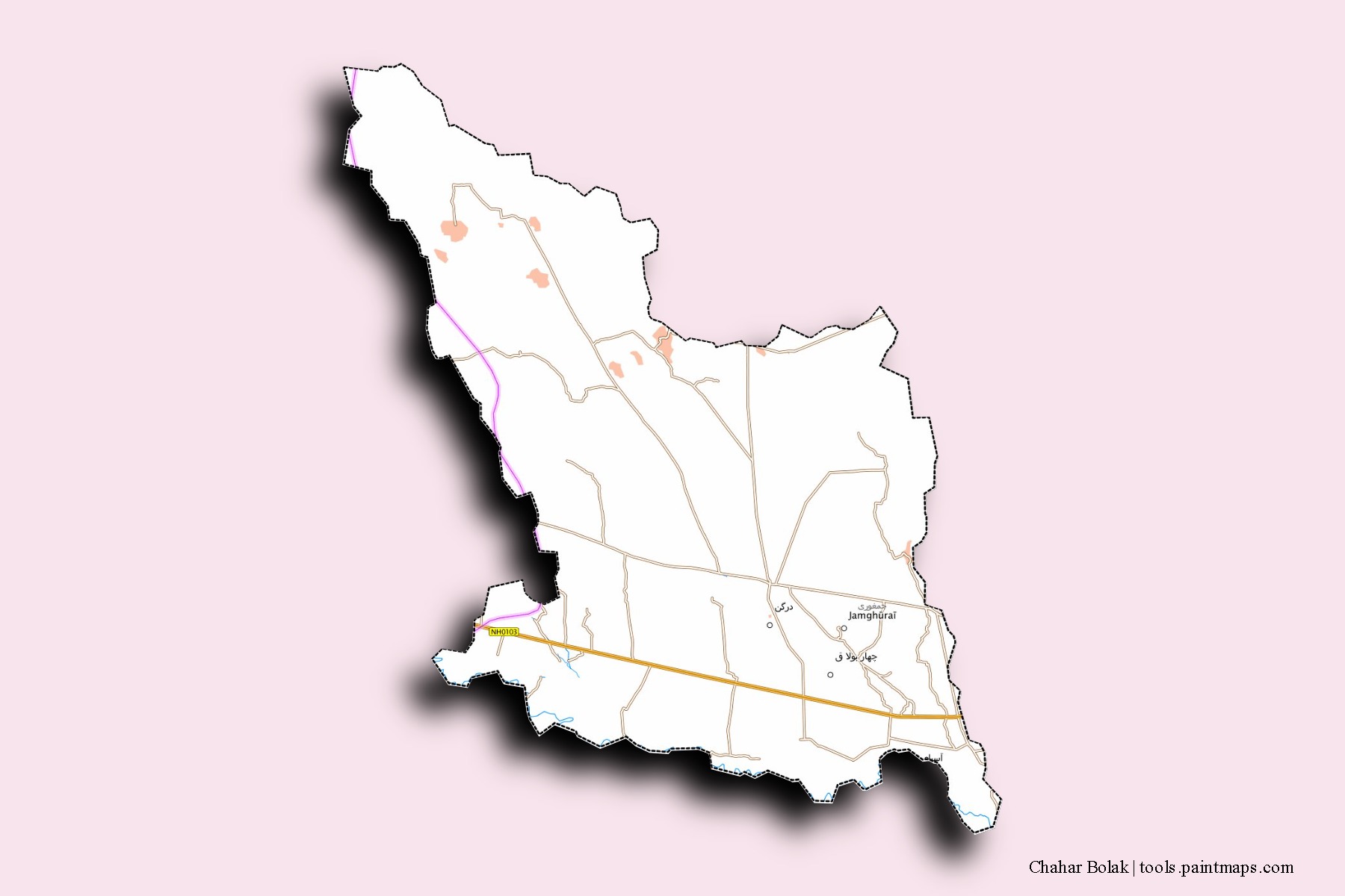 Mapa de barrios y pueblos de Chahar Bolak con efecto de sombra 3D