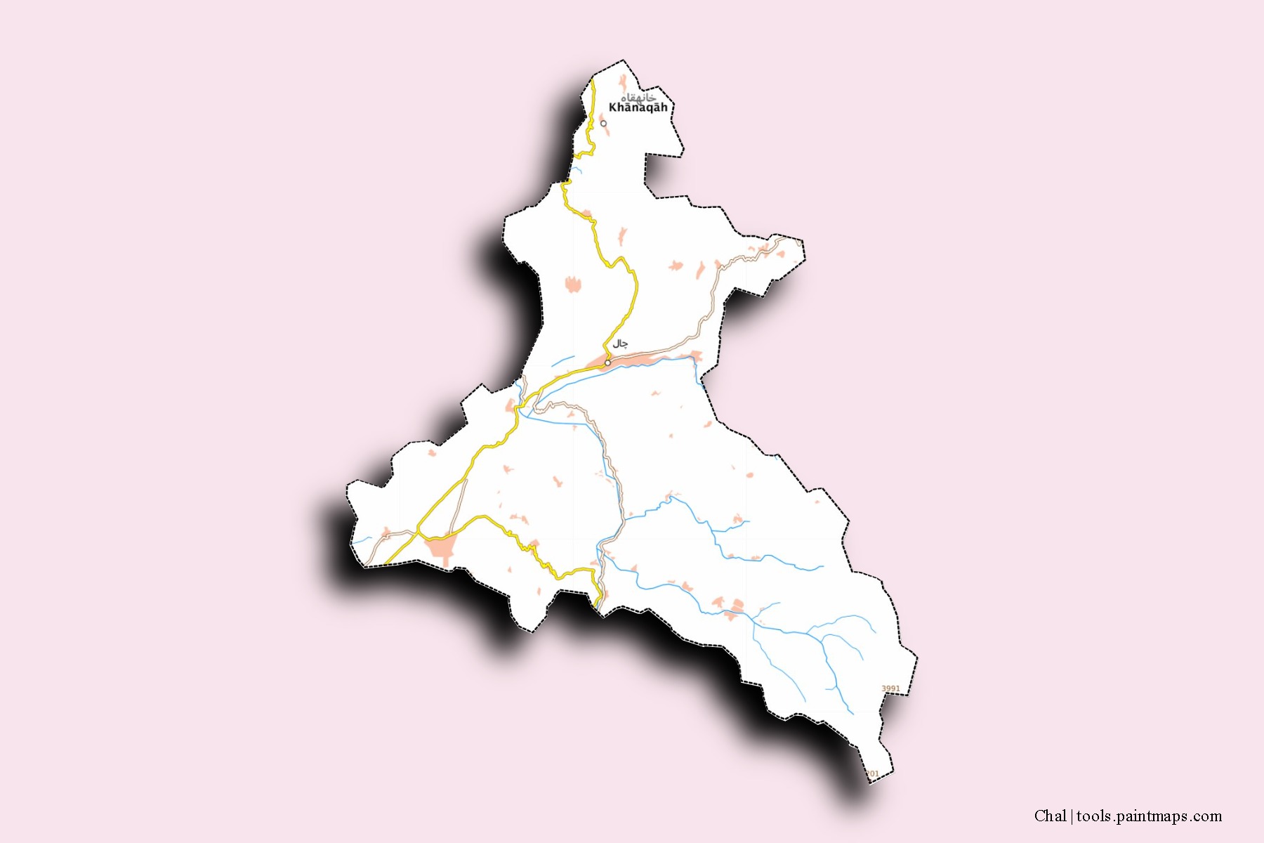 Mapa de barrios y pueblos de Chal con efecto de sombra 3D