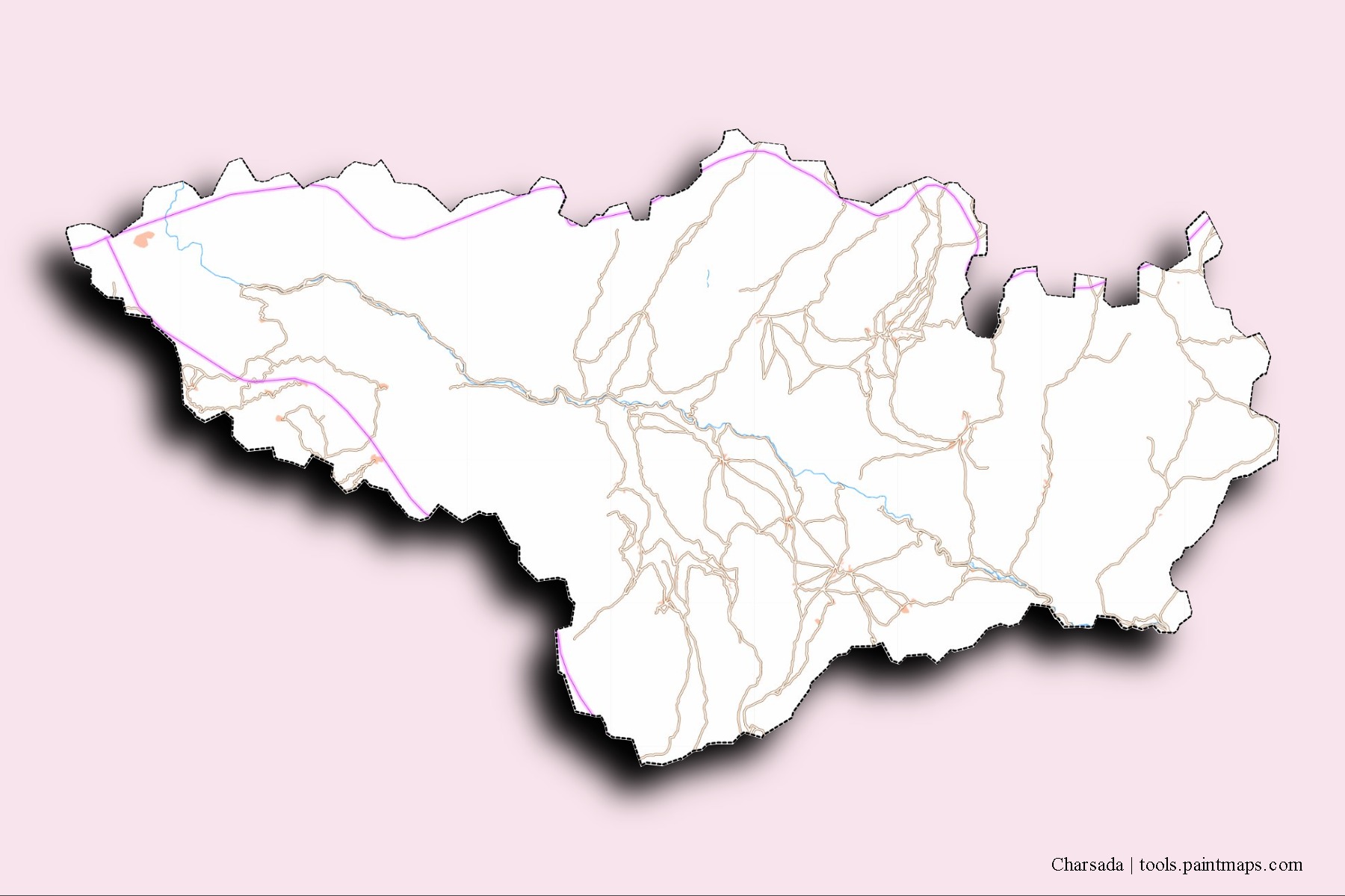 Mapa de barrios y pueblos de Charsada con efecto de sombra 3D