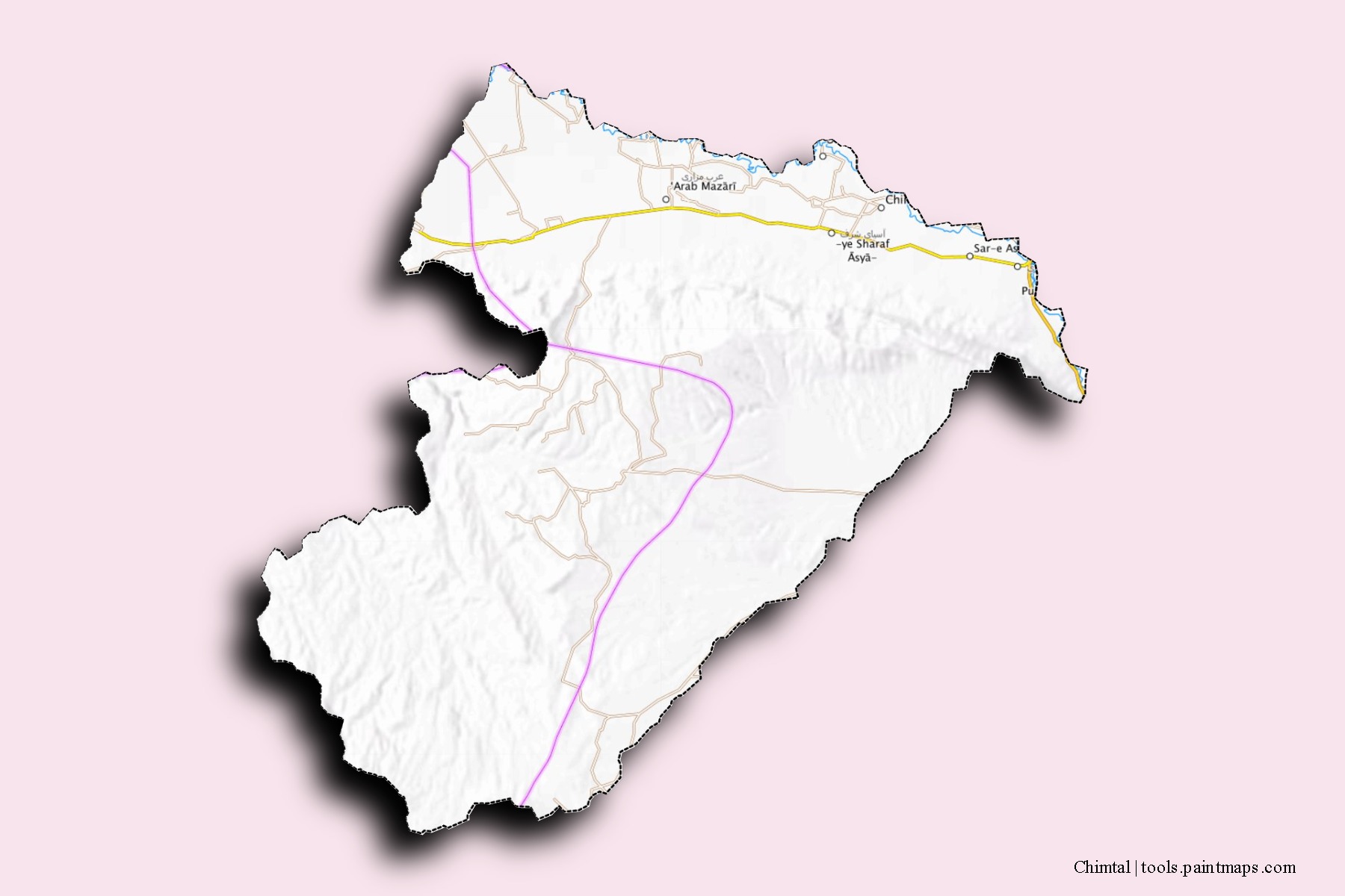 Mapa de barrios y pueblos de Chimtal con efecto de sombra 3D