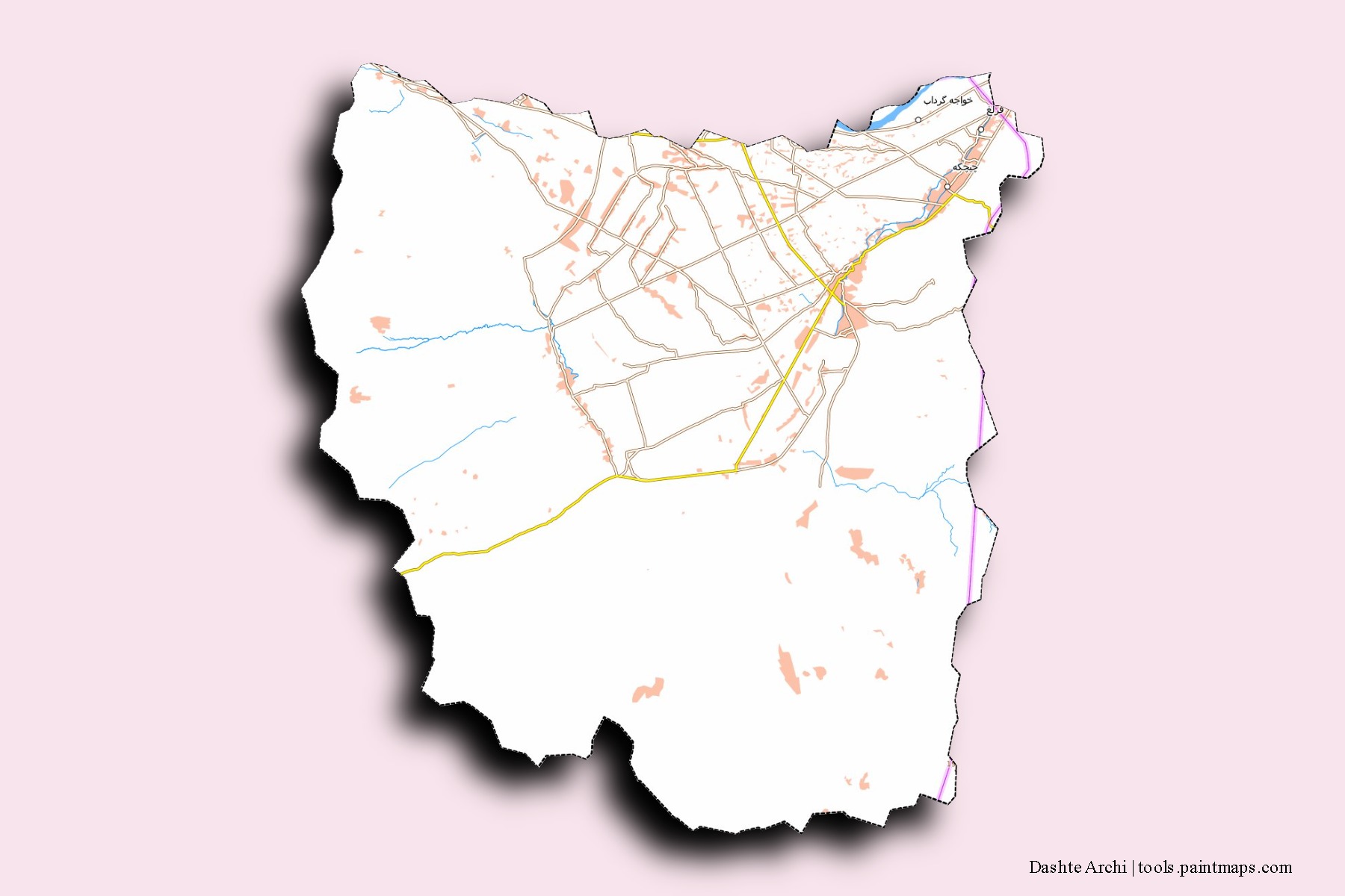 Dashte Archi neighborhoods and villages map with 3D shadow effect