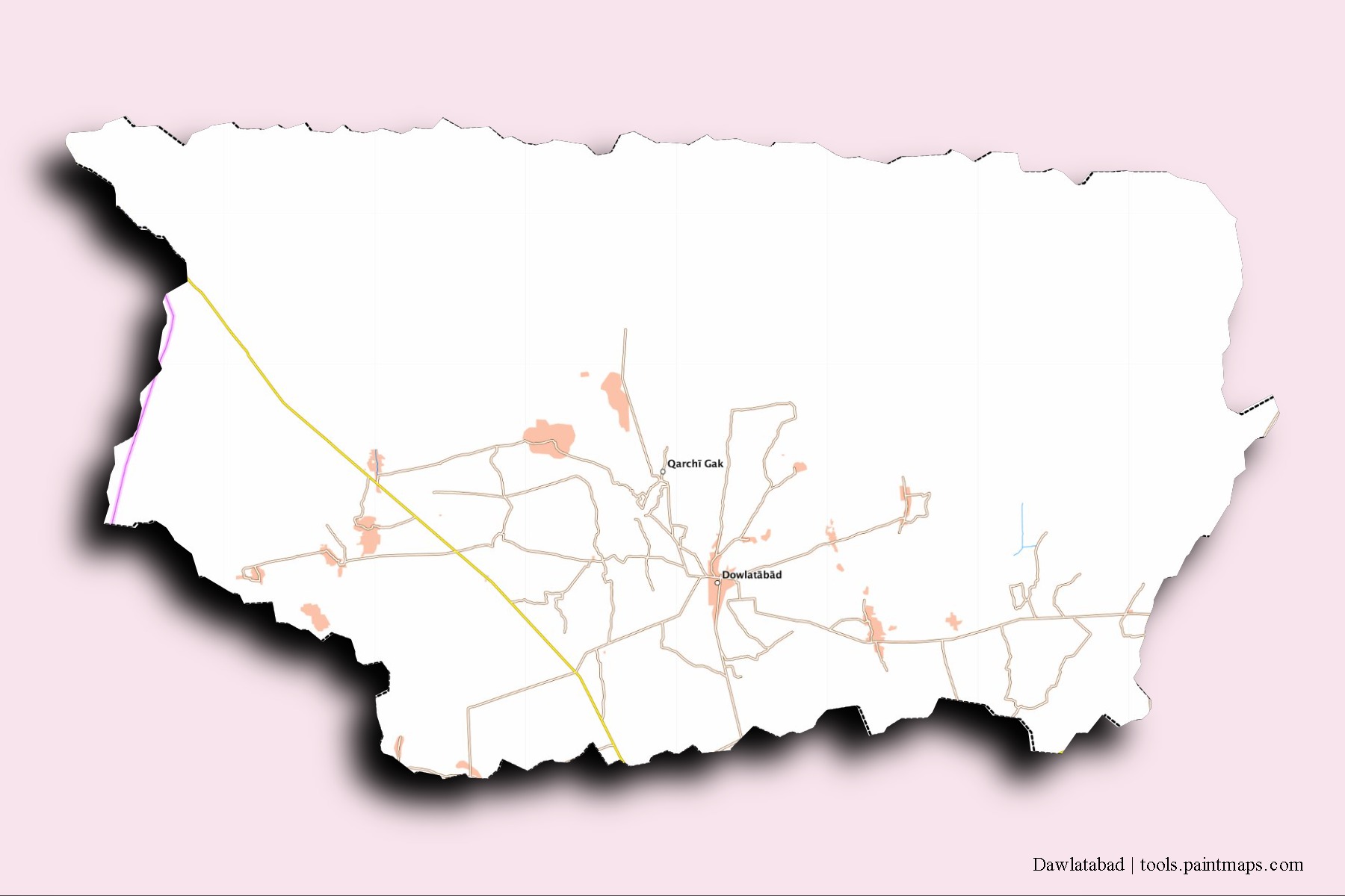 3D gölge efektli Dawlatabad mahalleleri ve köyleri haritası