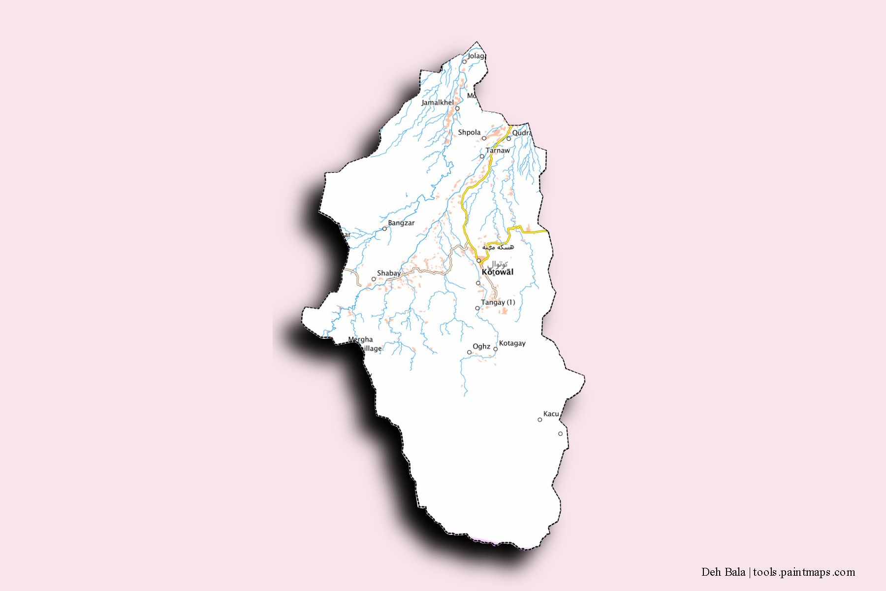 Dih Bala neighborhoods and villages map with 3D shadow effect