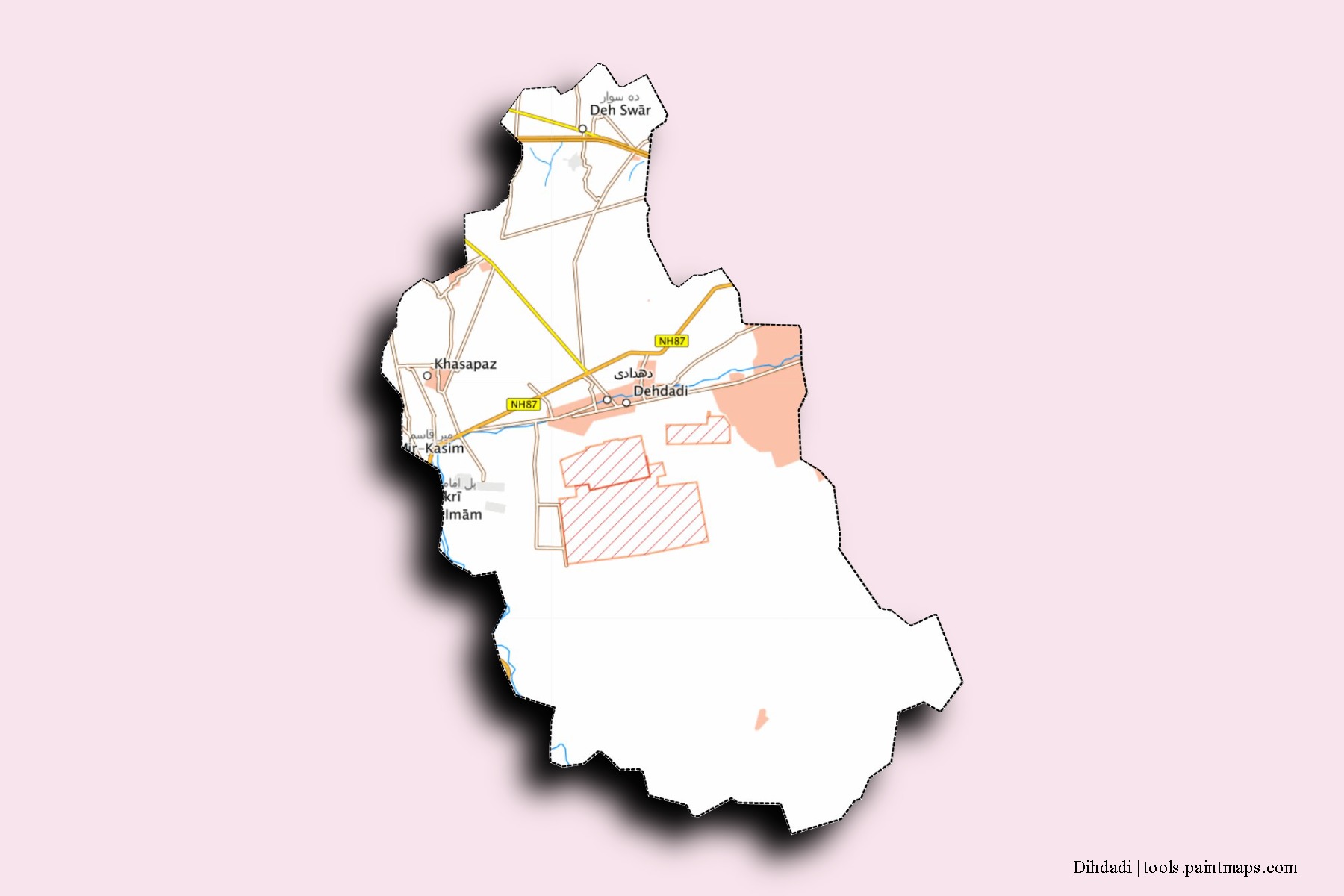 Mapa de barrios y pueblos de Dihdadi con efecto de sombra 3D