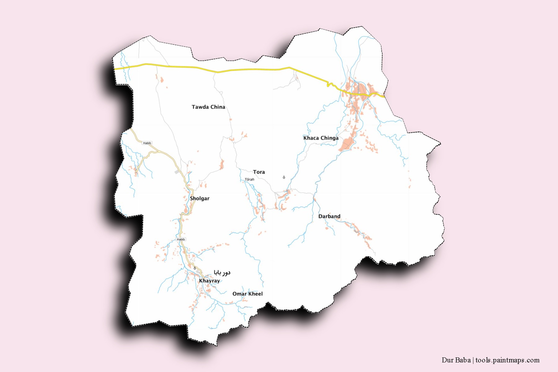 Mapa de barrios y pueblos de Dur Baba con efecto de sombra 3D