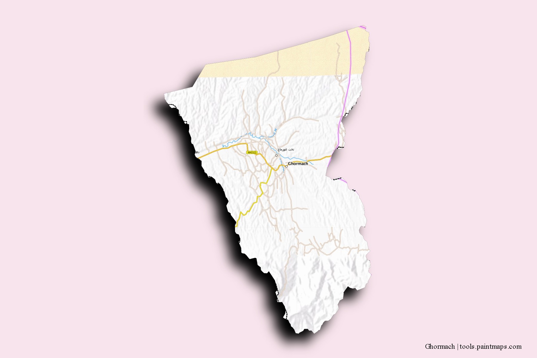 Ghormach neighborhoods and villages map with 3D shadow effect