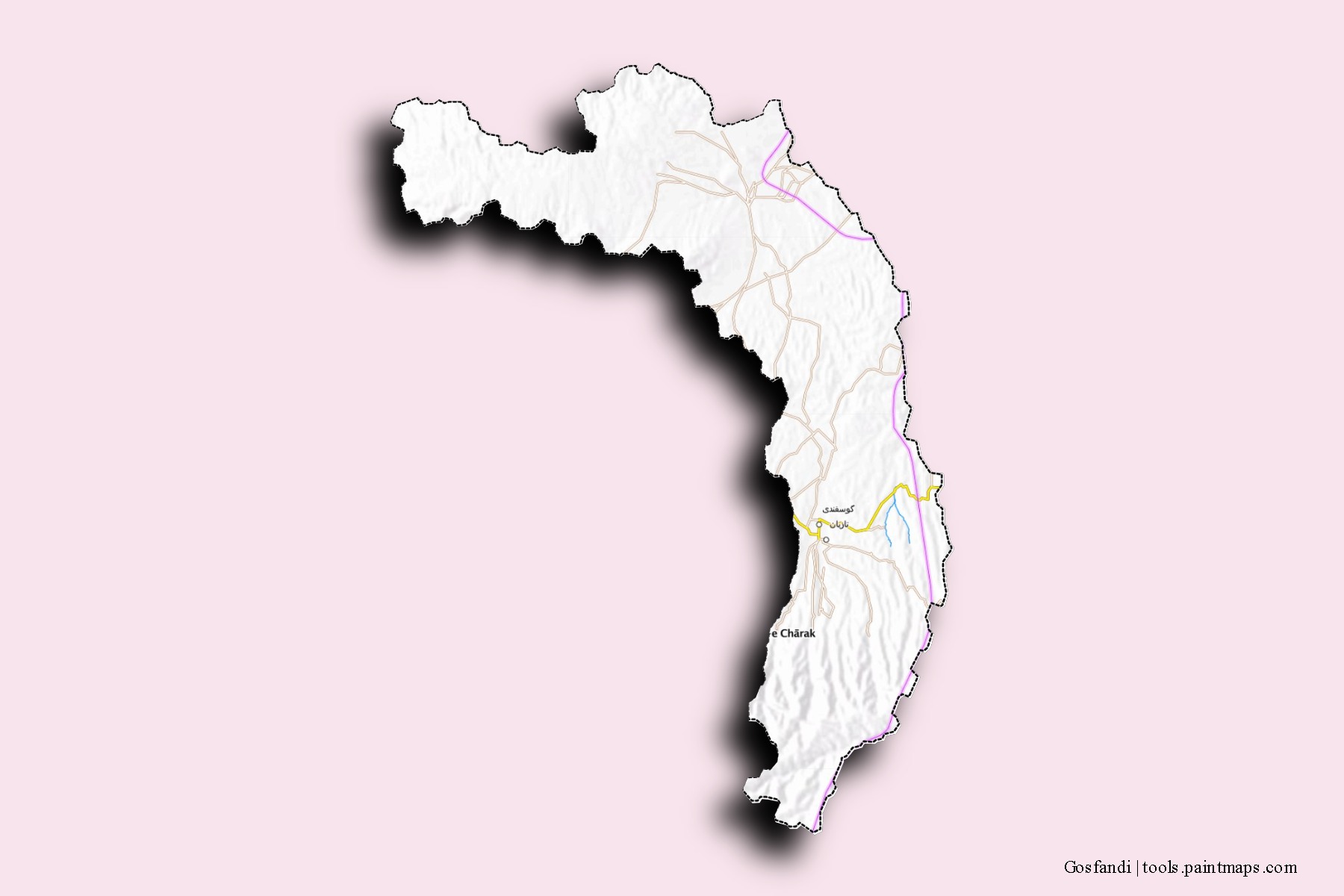 Mapa de barrios y pueblos de Gosfandi con efecto de sombra 3D