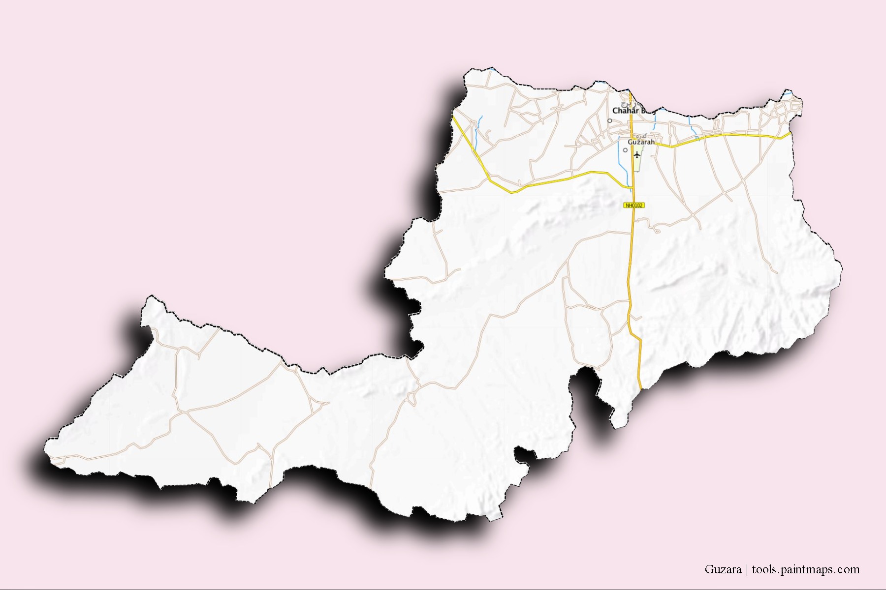 Mapa de barrios y pueblos de Guzara con efecto de sombra 3D