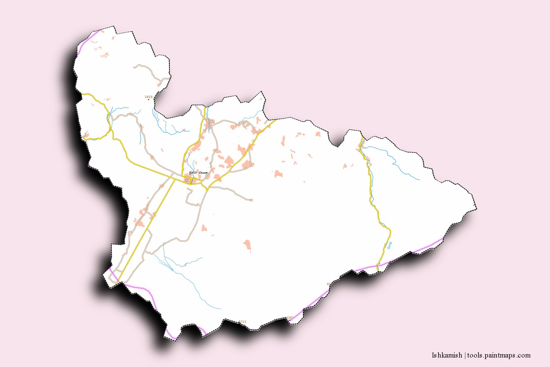 Ishkamish neighborhoods and villages map with 3D shadow effect