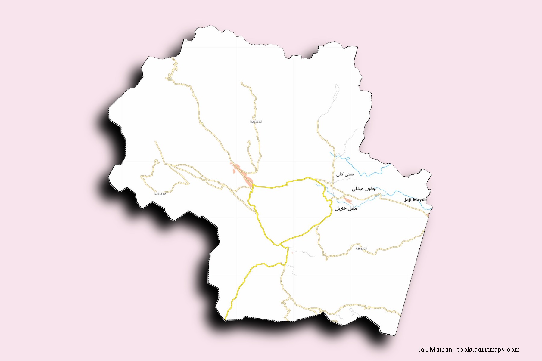 Mapa de barrios y pueblos de Jaji Maidan con efecto de sombra 3D