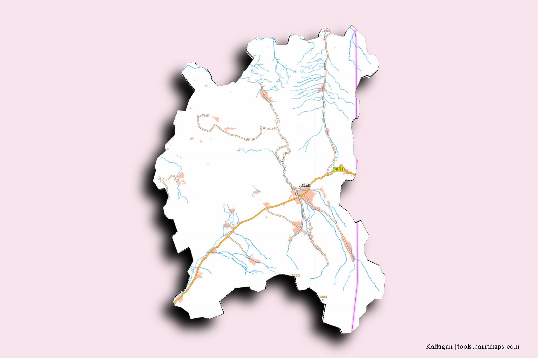 Kalafgan neighborhoods and villages map with 3D shadow effect