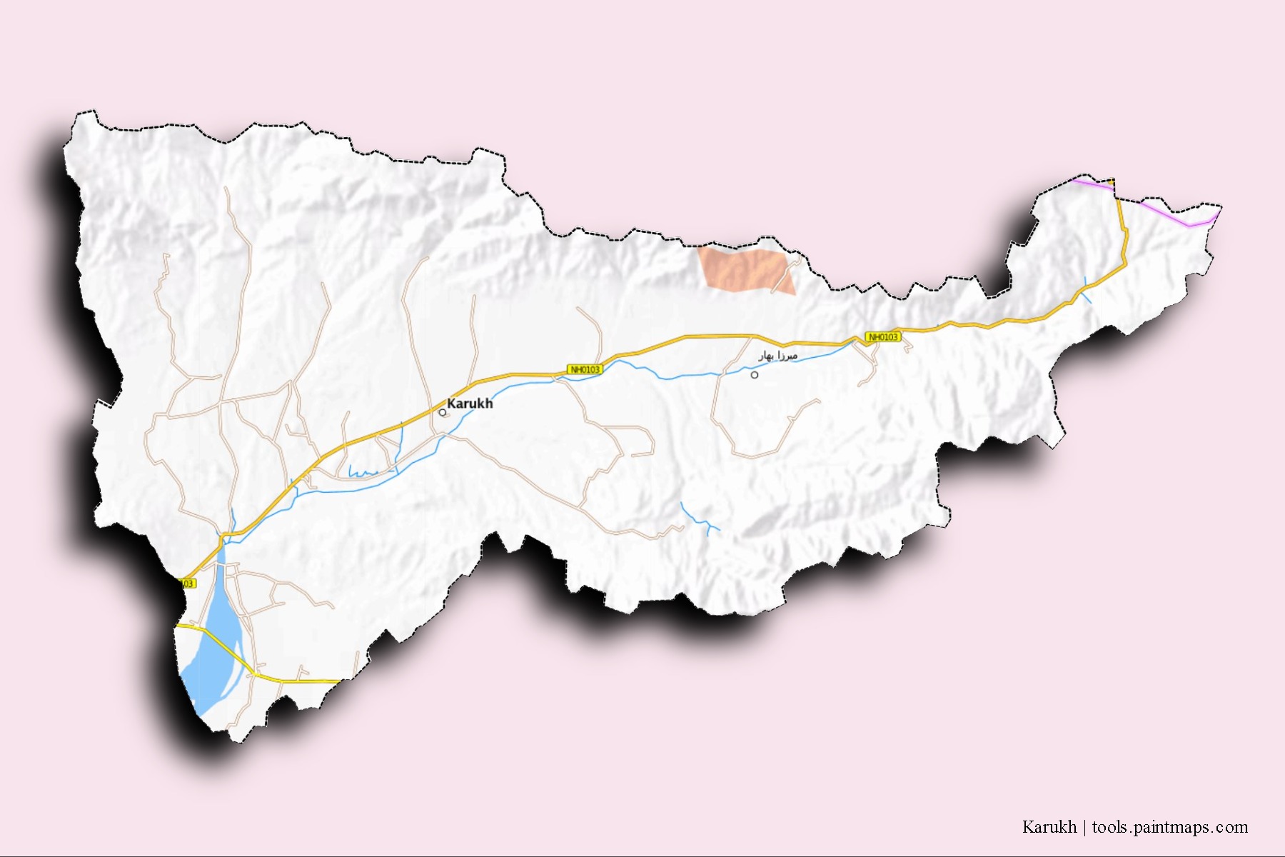 Karukh neighborhoods and villages map with 3D shadow effect