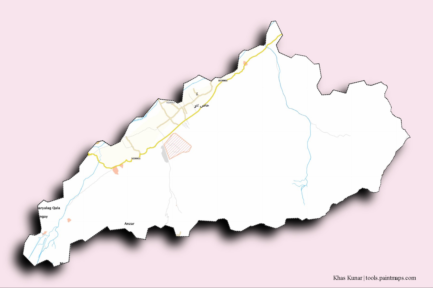 Mapa de barrios y pueblos de Khas Kunar con efecto de sombra 3D