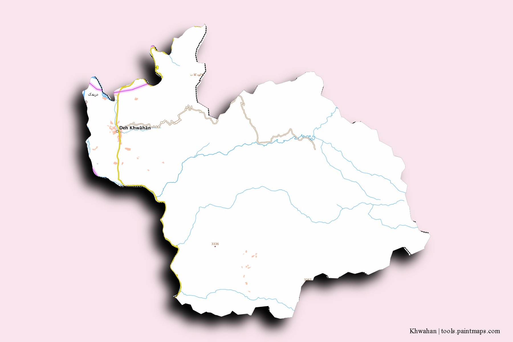 Khwahan neighborhoods and villages map with 3D shadow effect