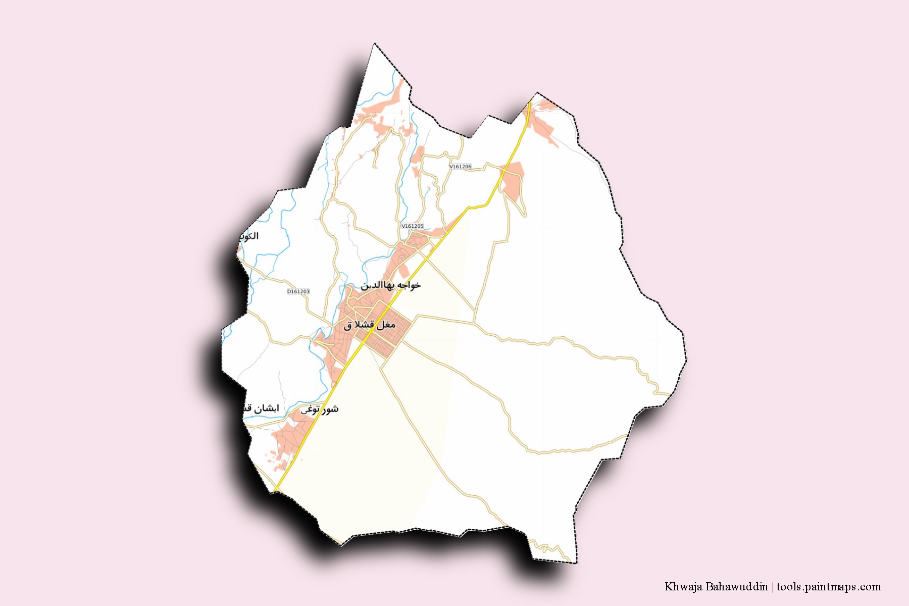 Mapa de barrios y pueblos de Khwaja Bahawuddin con efecto de sombra 3D