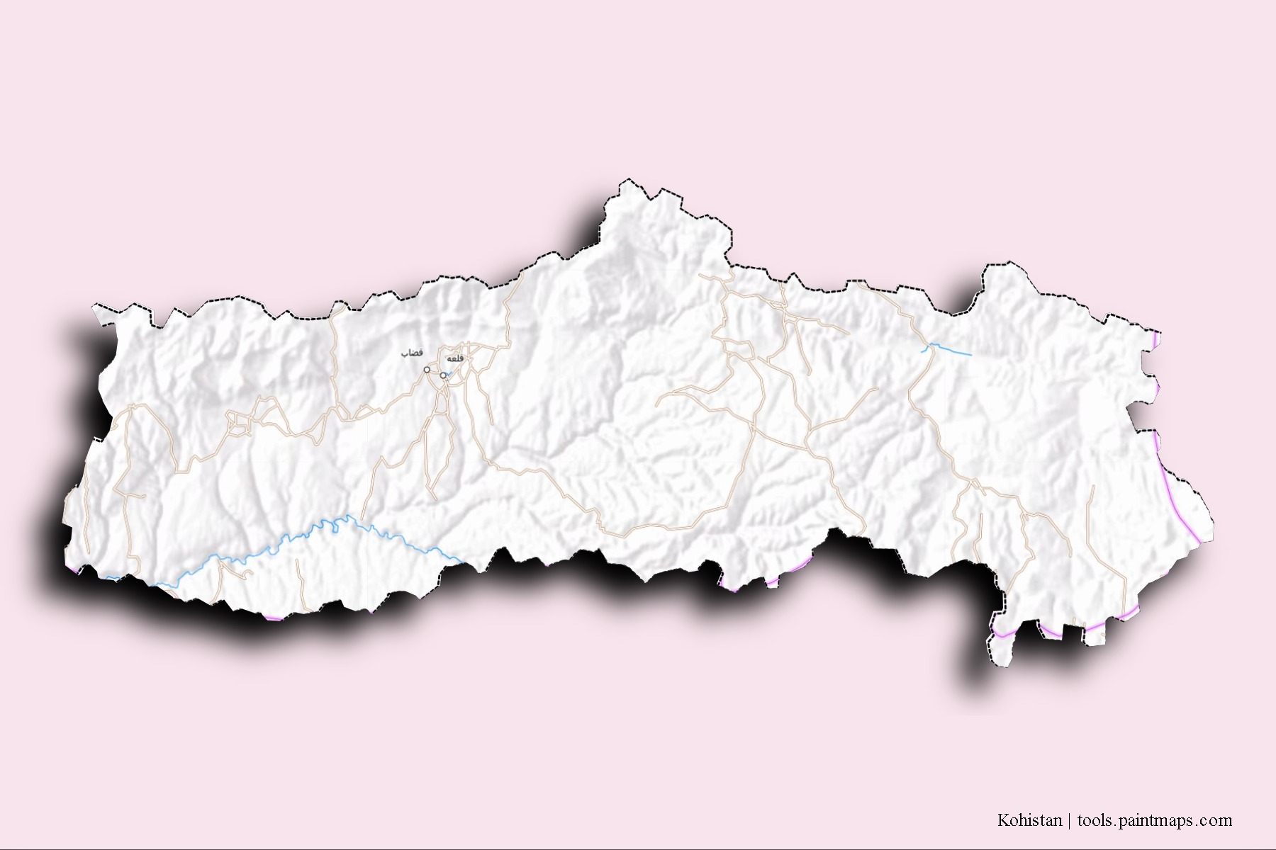 Kohistan neighborhoods and villages map with 3D shadow effect