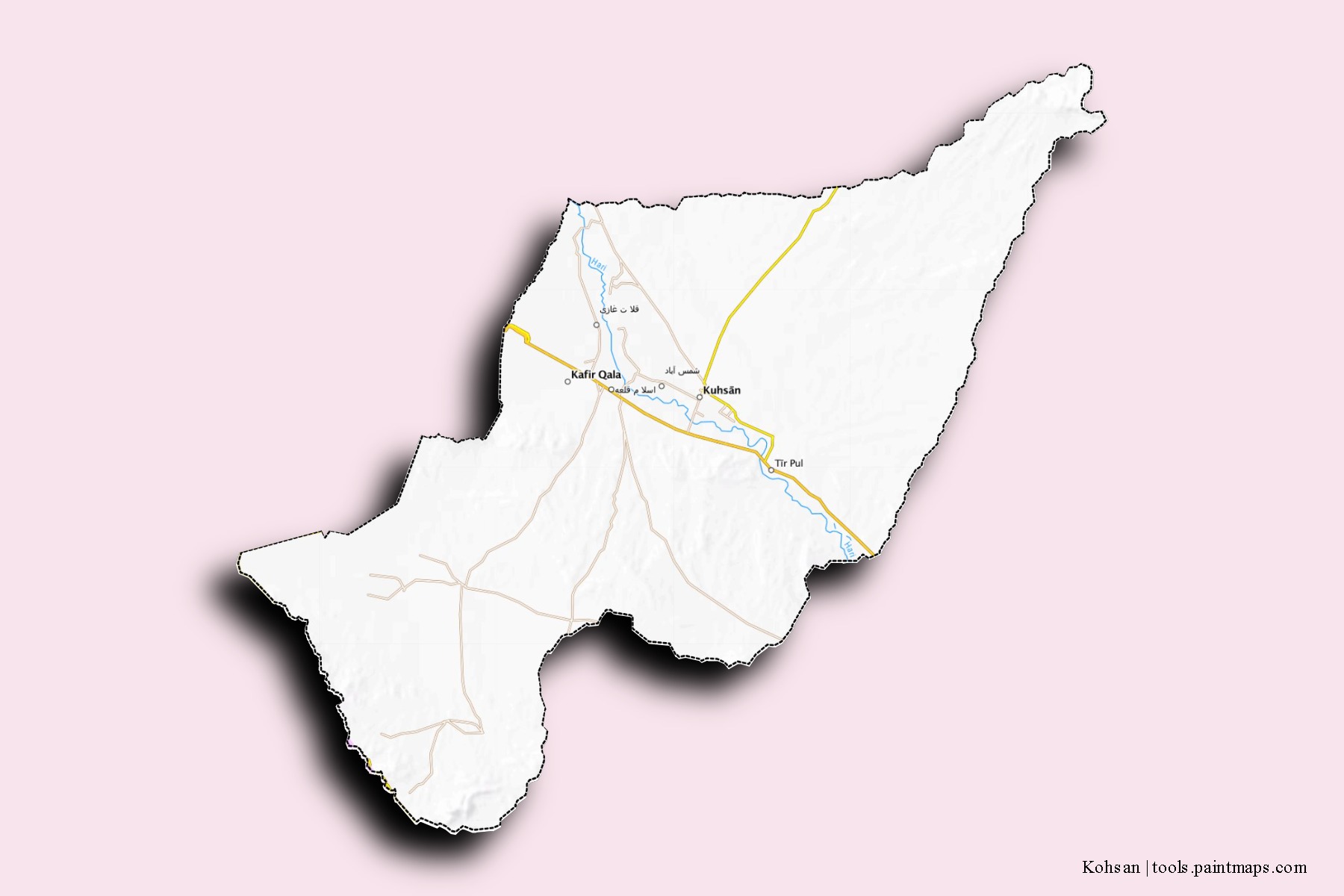 Mapa de barrios y pueblos de Kohsan con efecto de sombra 3D