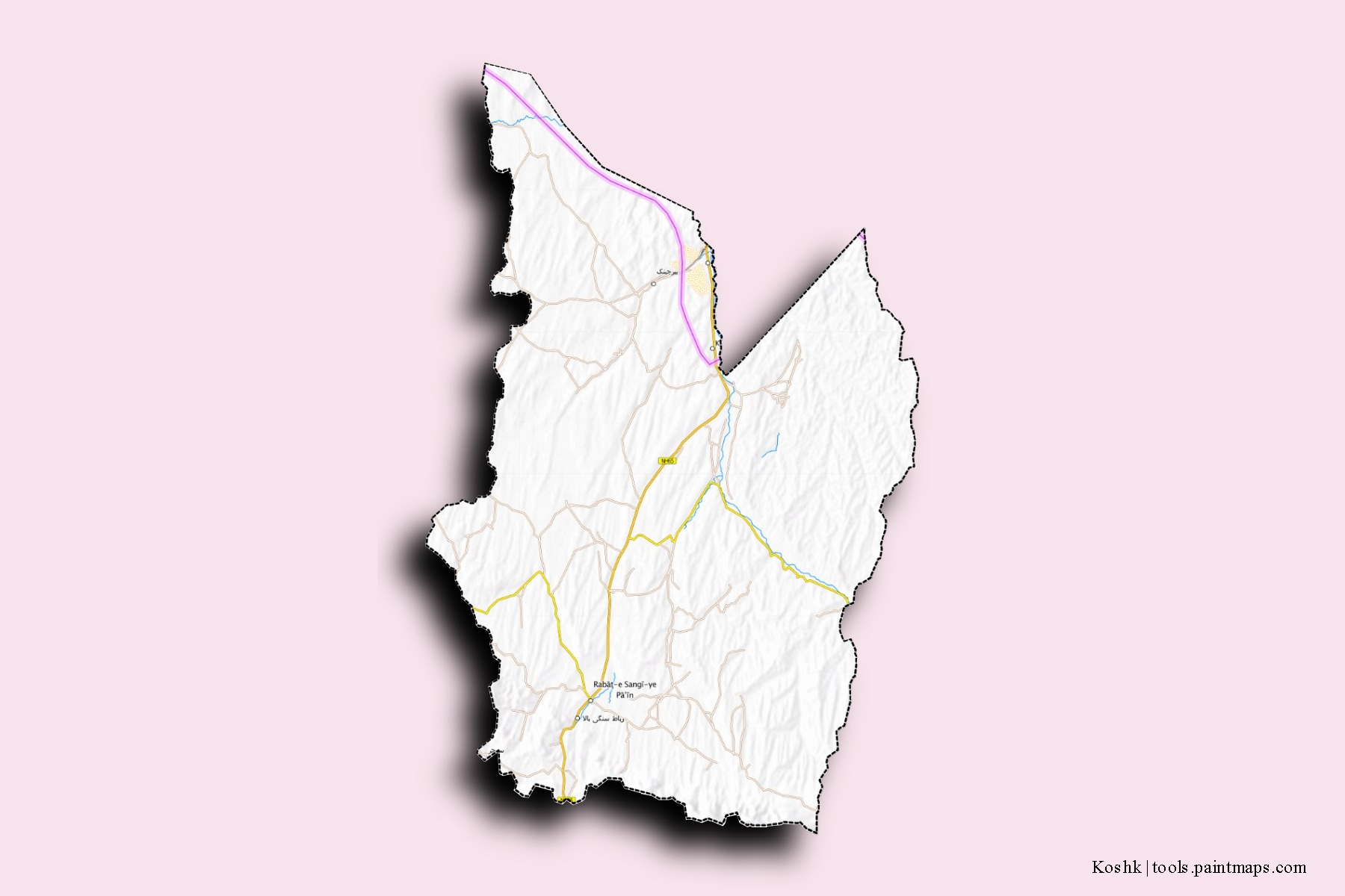 Mapa de barrios y pueblos de Koshk con efecto de sombra 3D