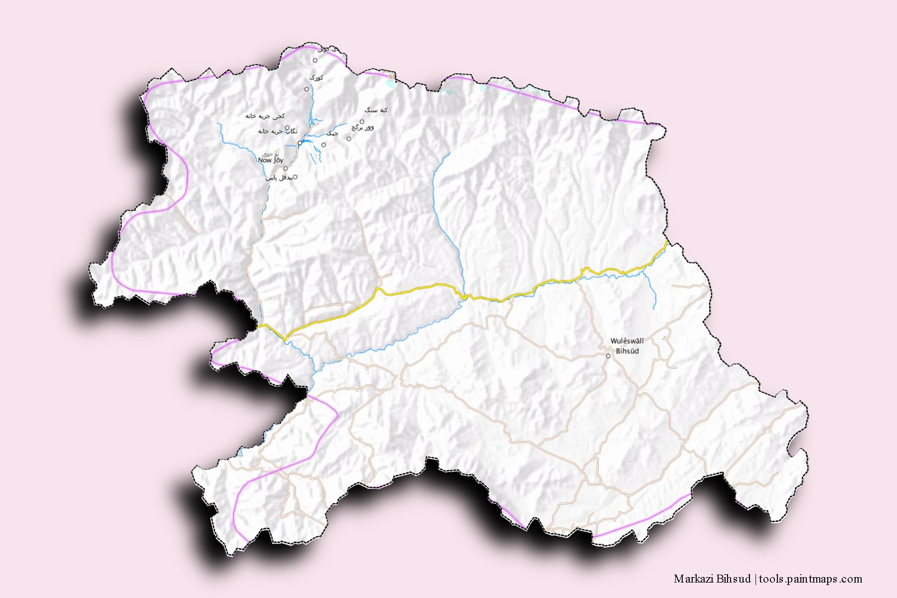 Mapa de barrios y pueblos de Markazi Bihsud con efecto de sombra 3D