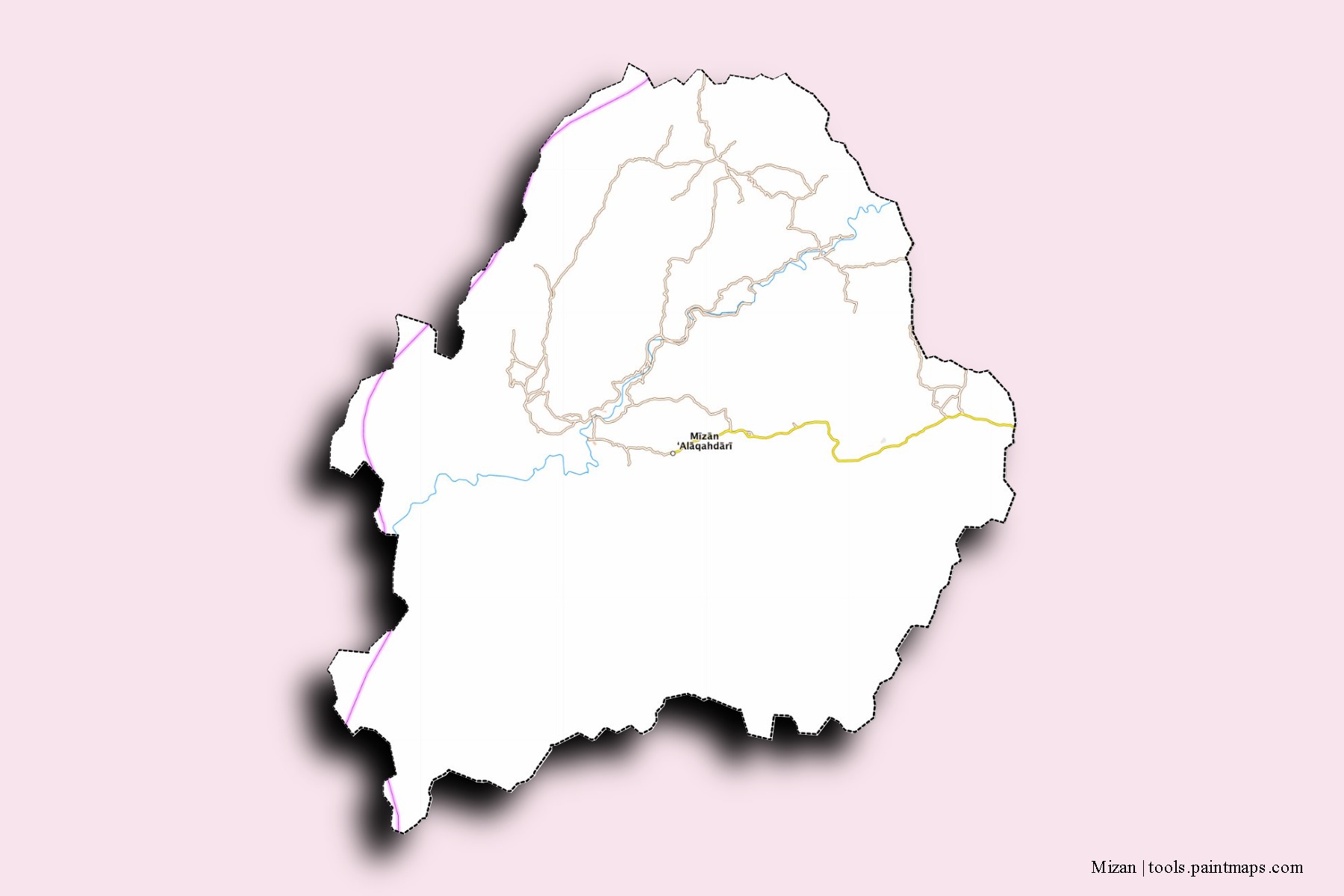 Mapa de barrios y pueblos de Mizan con efecto de sombra 3D