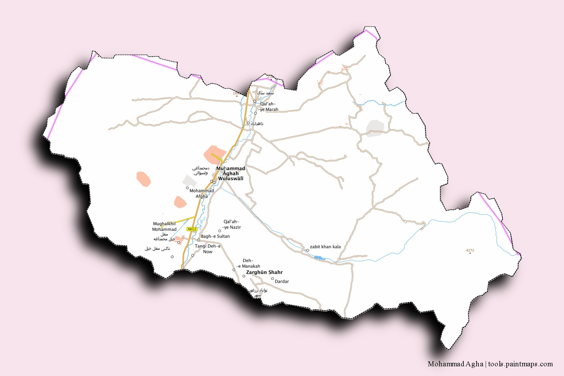 Muhammad Agha neighborhoods and villages map with 3D shadow effect