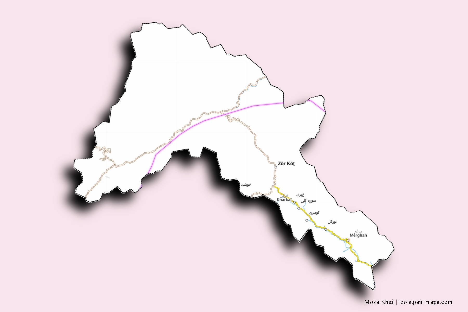 Musa Khel neighborhoods and villages map with 3D shadow effect