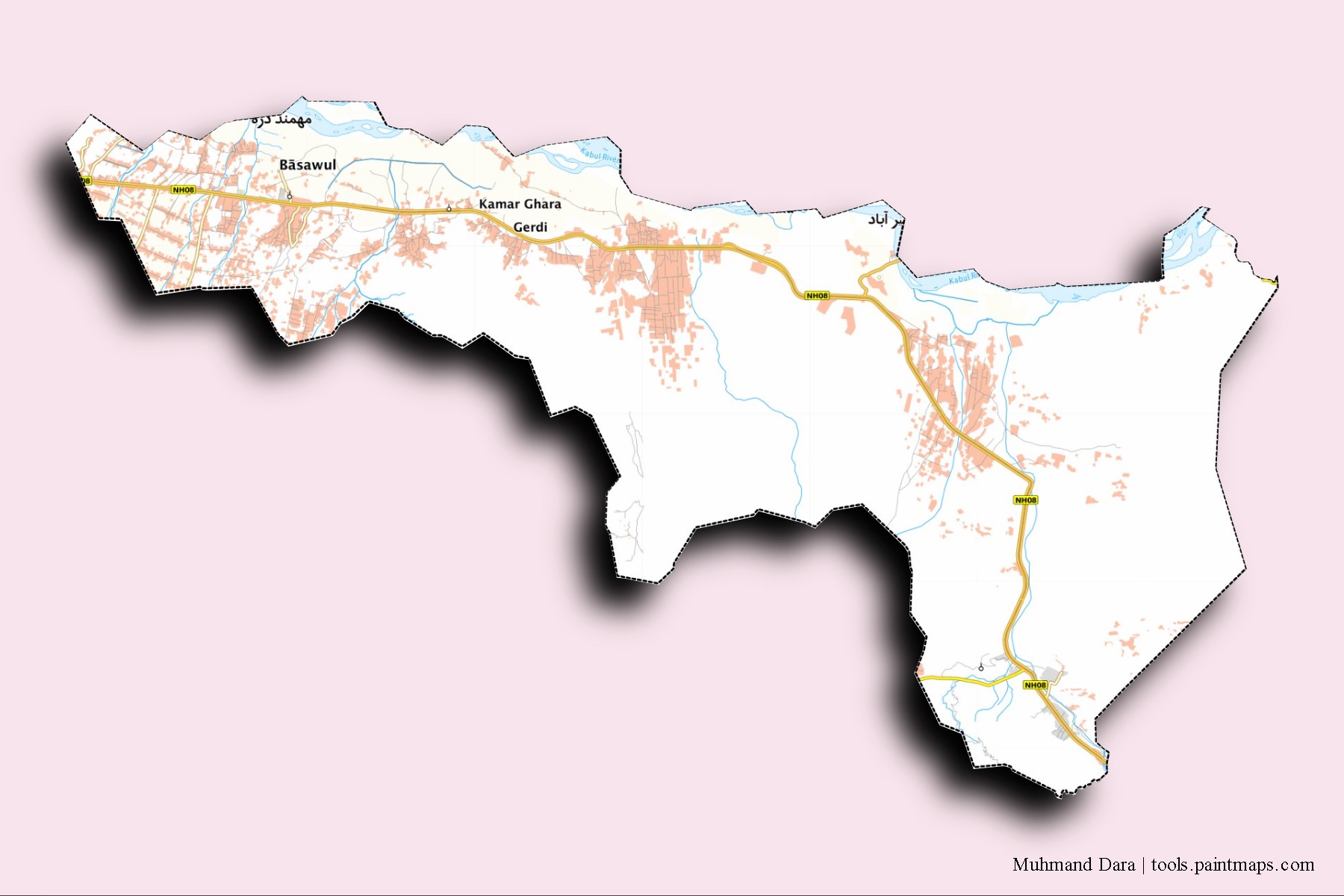 3D gölge efektli Muhmand Dara mahalleleri ve köyleri haritası