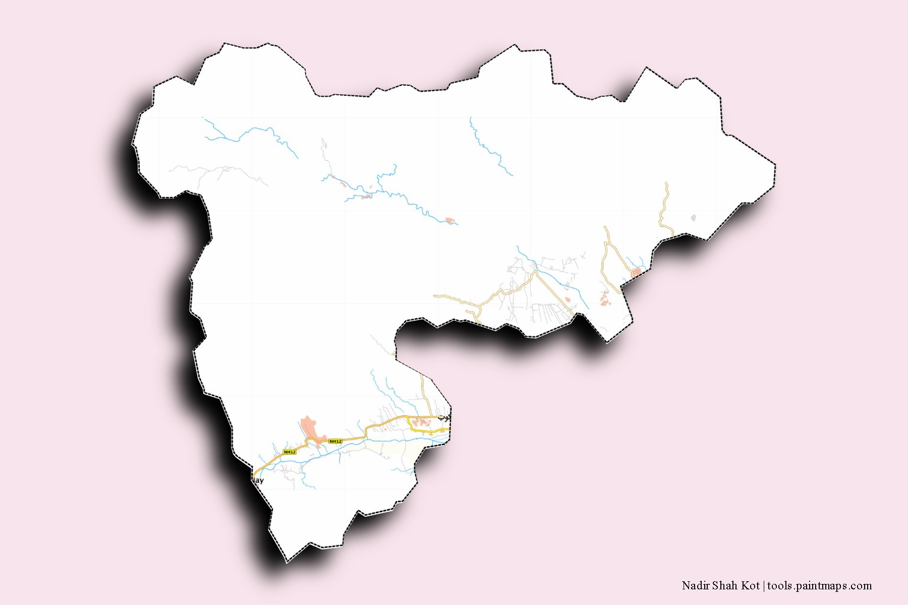 Mapa de barrios y pueblos de Nadir Shah Kot con efecto de sombra 3D