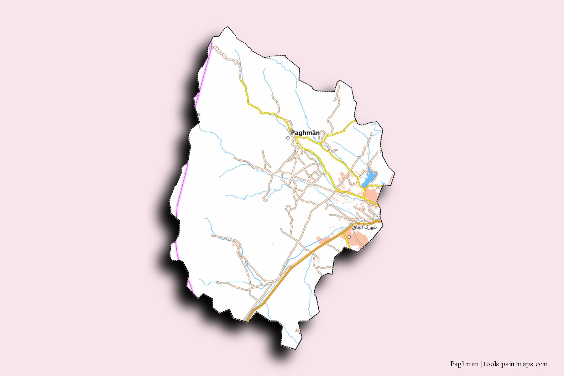 Paghman neighborhoods and villages map with 3D shadow effect