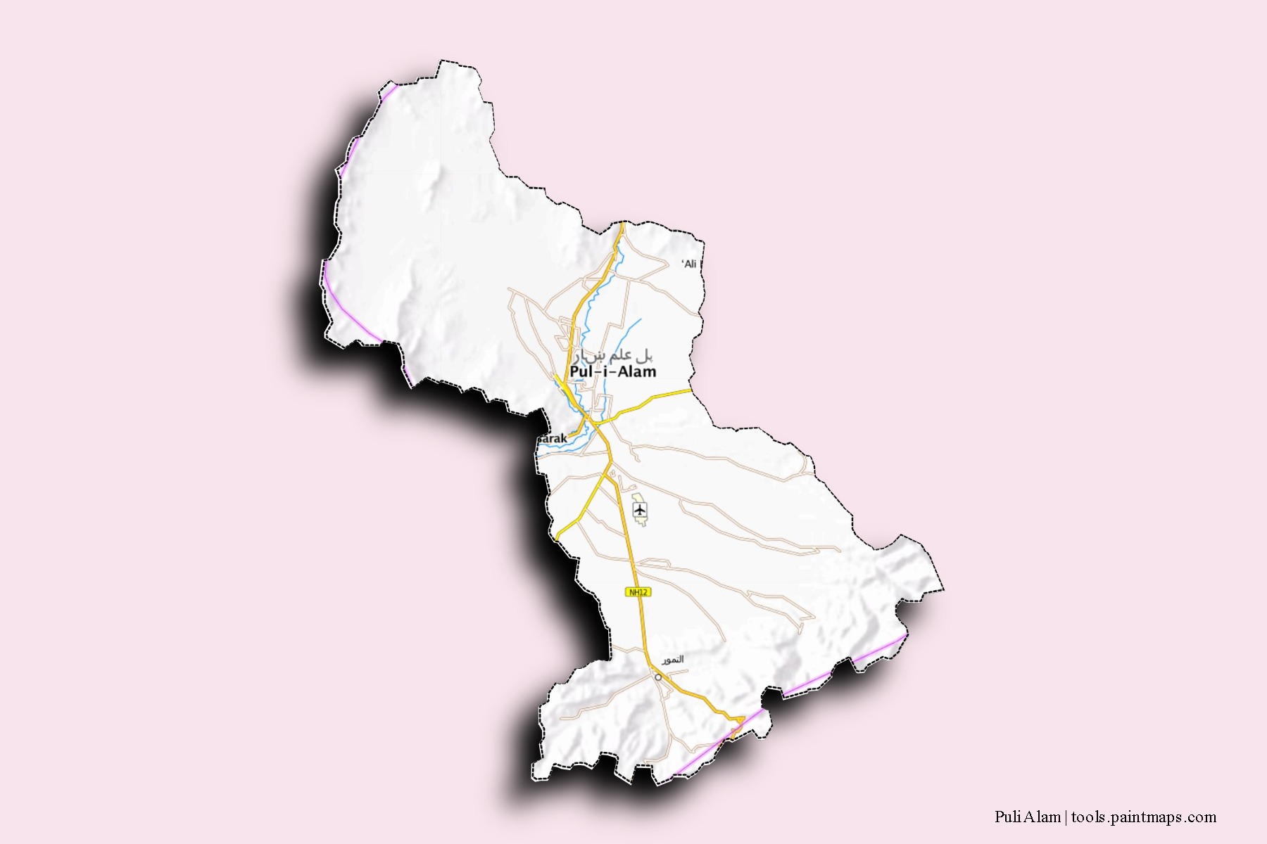 Mapa de barrios y pueblos de Puli Alam con efecto de sombra 3D