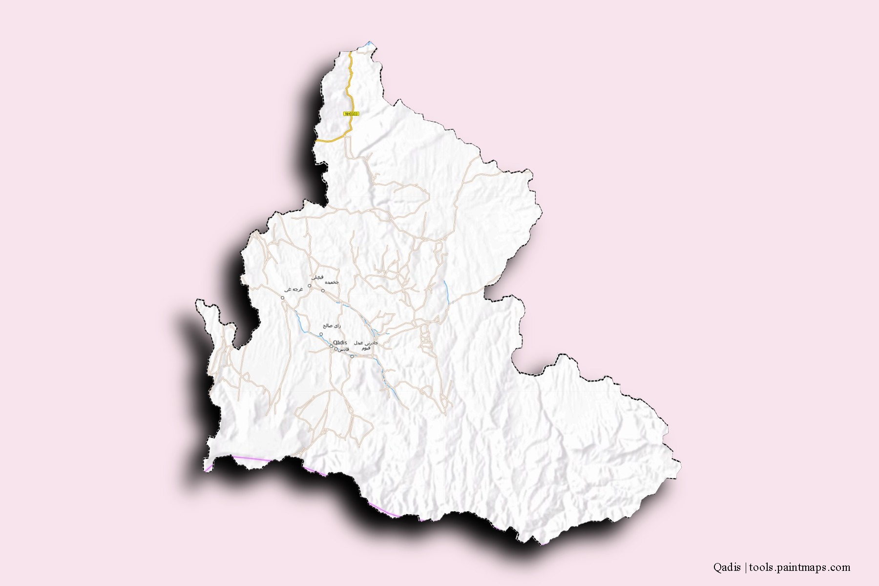 Mapa de barrios y pueblos de Qadis con efecto de sombra 3D