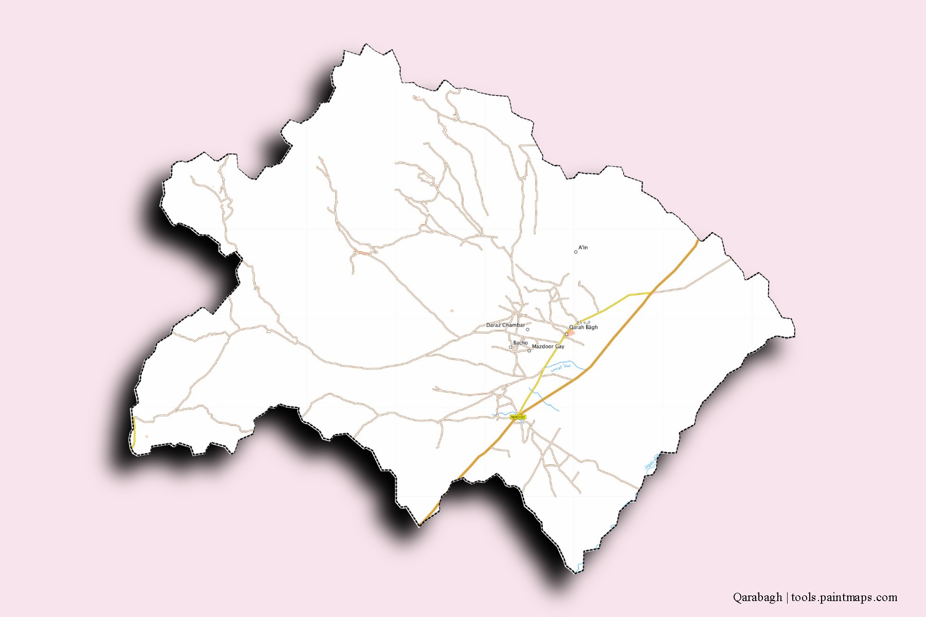 Mapa de barrios y pueblos de Qarabagh con efecto de sombra 3D