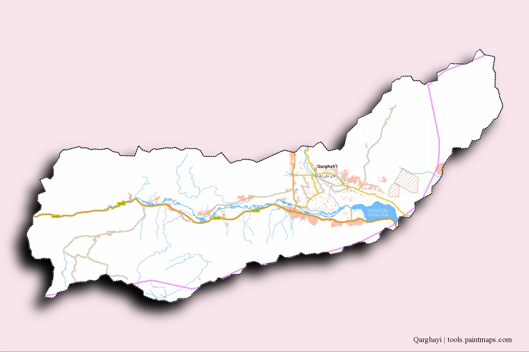 Qarghayi neighborhoods and villages map with 3D shadow effect