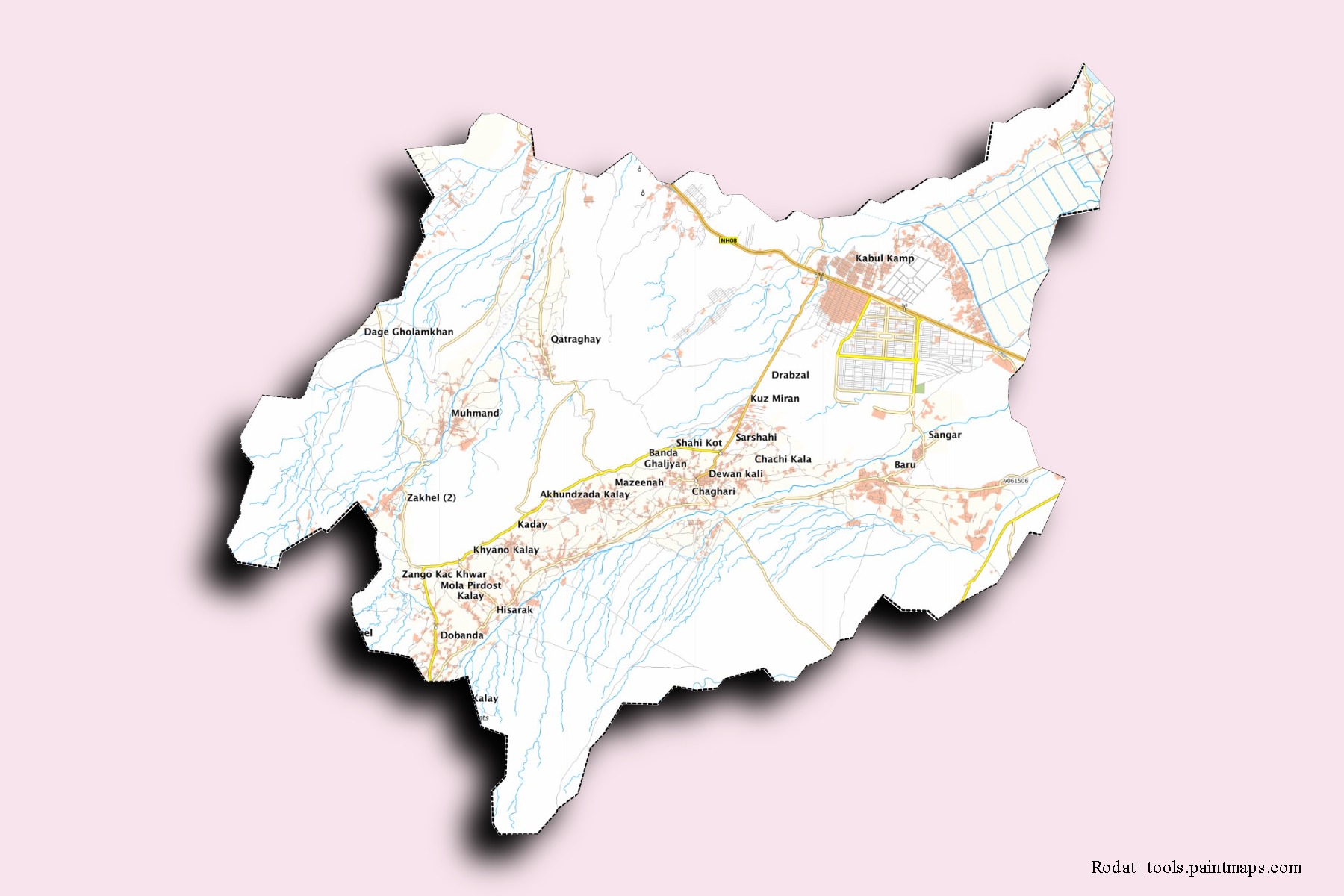 Rodat neighborhoods and villages map with 3D shadow effect