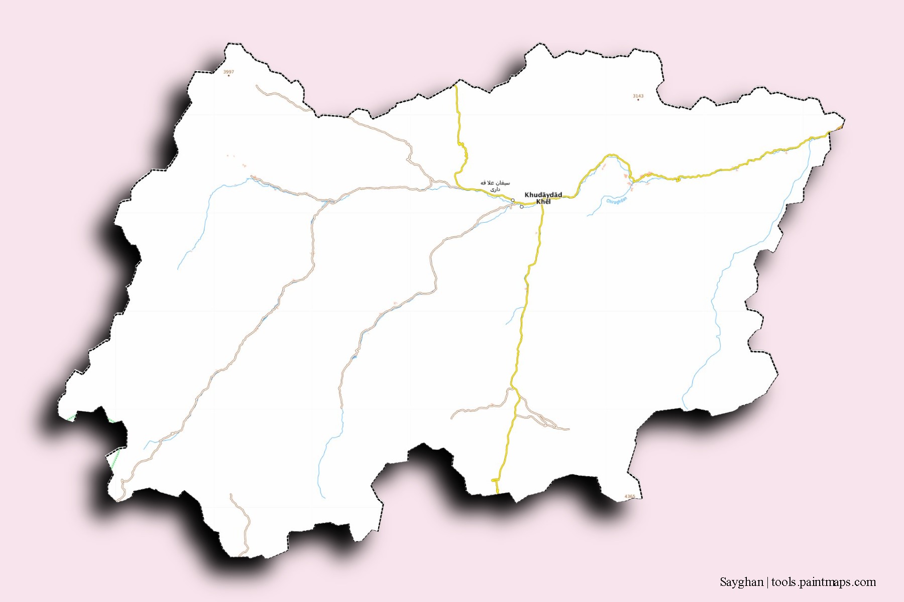 Mapa de barrios y pueblos de Sayghan con efecto de sombra 3D