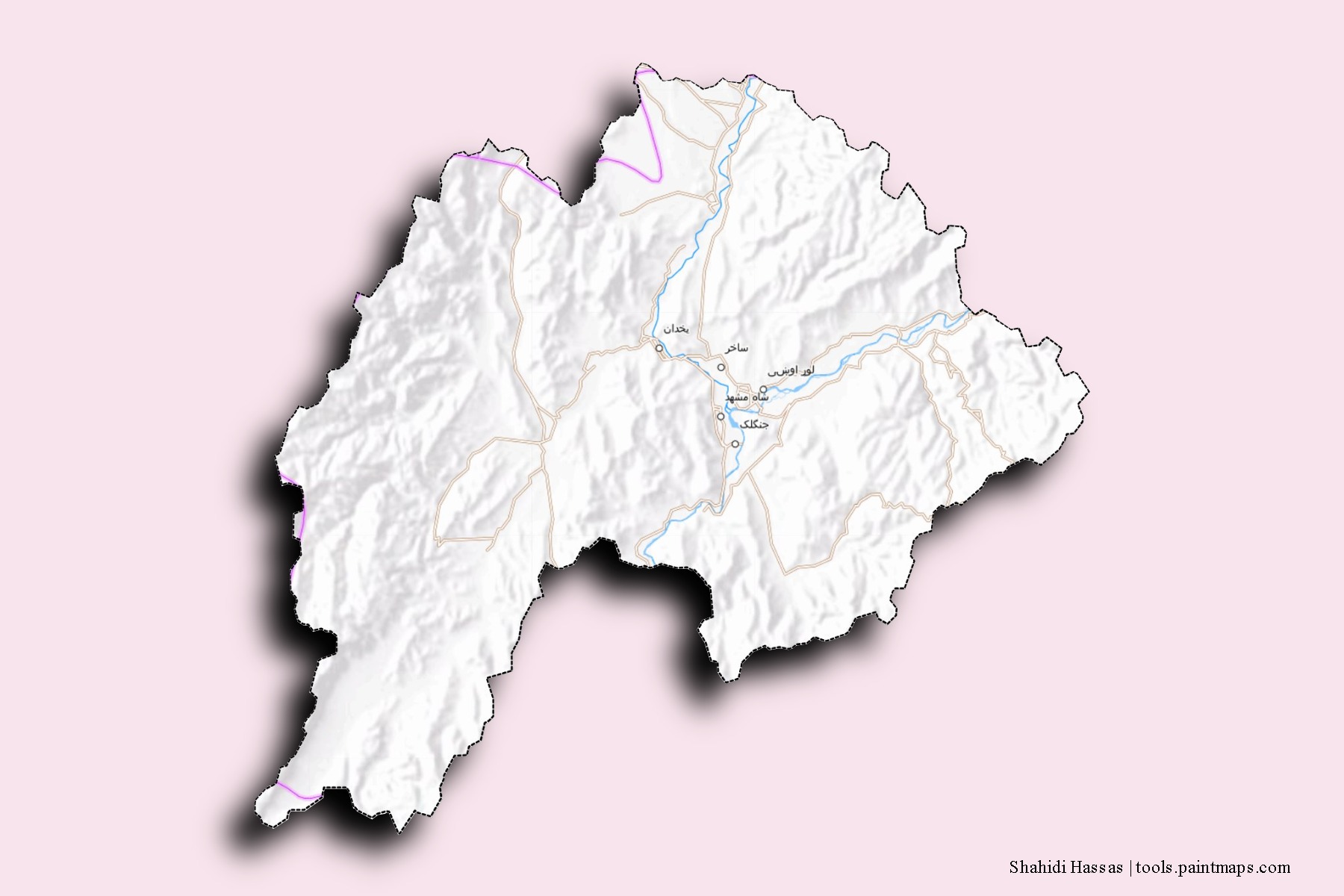 Mapa de barrios y pueblos de Shahidi Hassas con efecto de sombra 3D