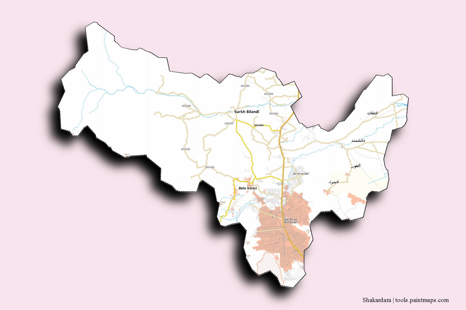 3D gölge efektli Shakardara mahalleleri ve köyleri haritası