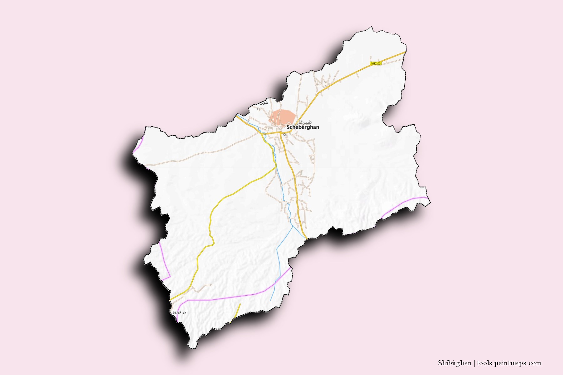 3D gölge efektli Shibirghan mahalleleri ve köyleri haritası