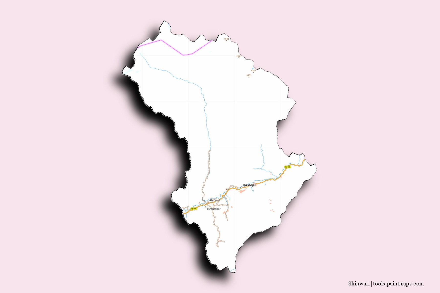 Mapa de barrios y pueblos de Shinwari con efecto de sombra 3D