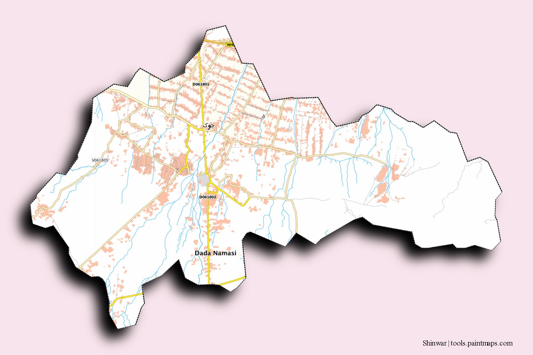 Shinwar neighborhoods and villages map with 3D shadow effect