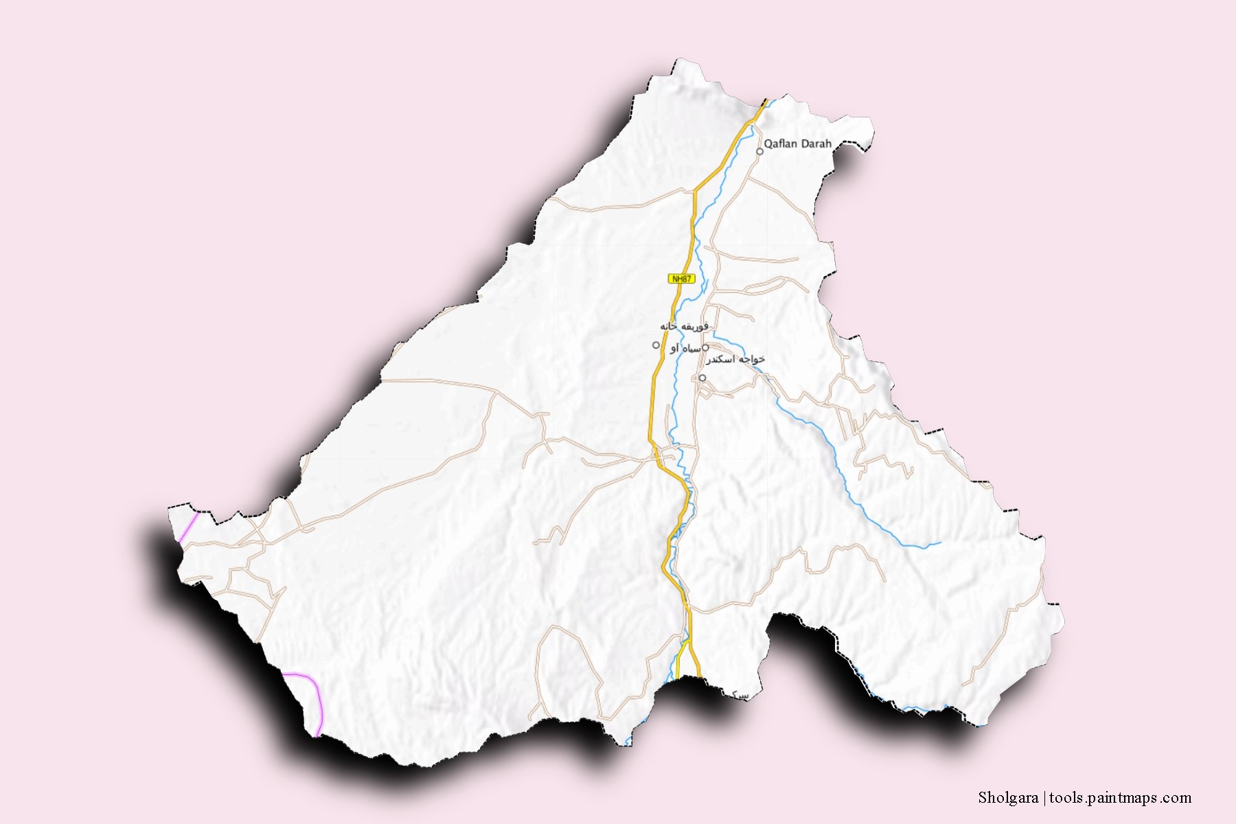 Mapa de barrios y pueblos de Sholgara con efecto de sombra 3D