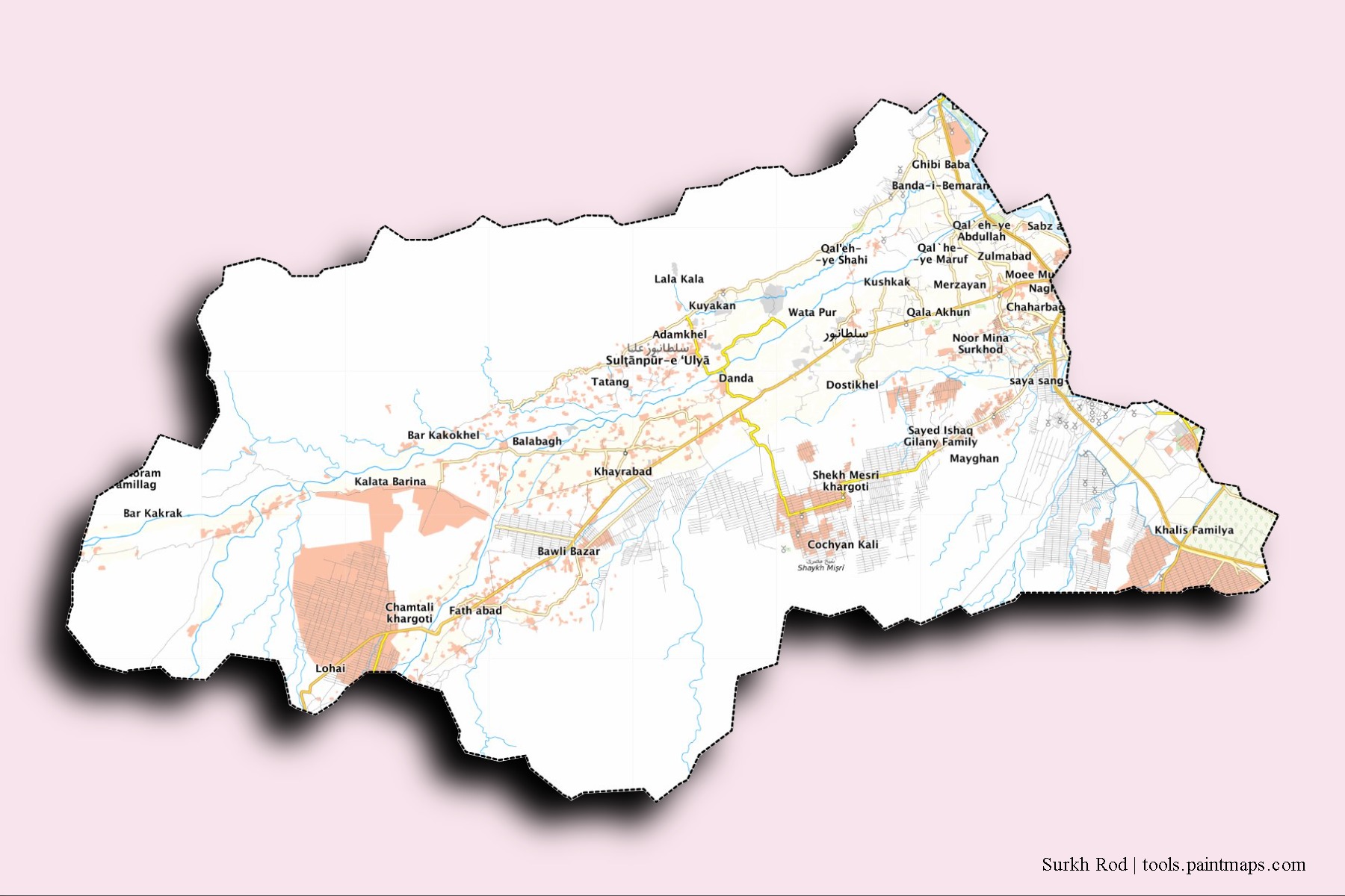 Surkh Rod neighborhoods and villages map with 3D shadow effect