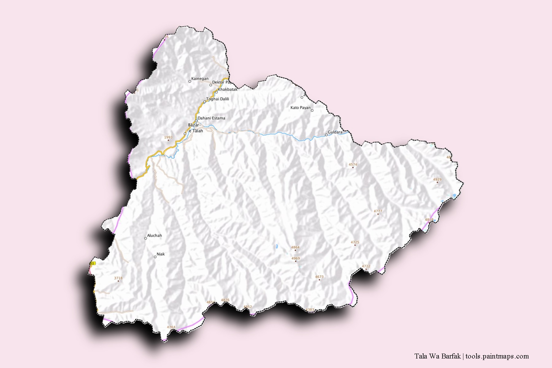 Mapa de barrios y pueblos de Tala Wa Barfak con efecto de sombra 3D