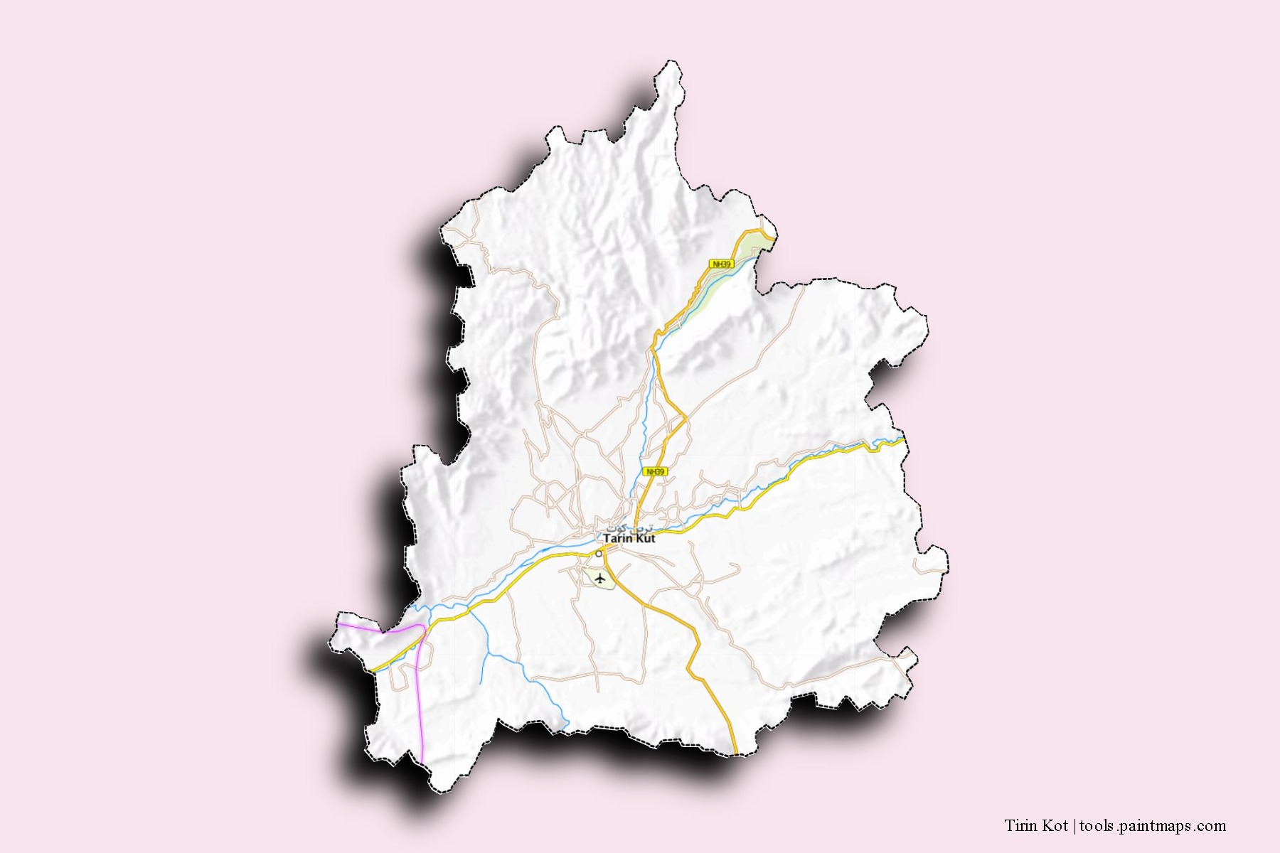 Mapa de barrios y pueblos de Tirin Kot con efecto de sombra 3D