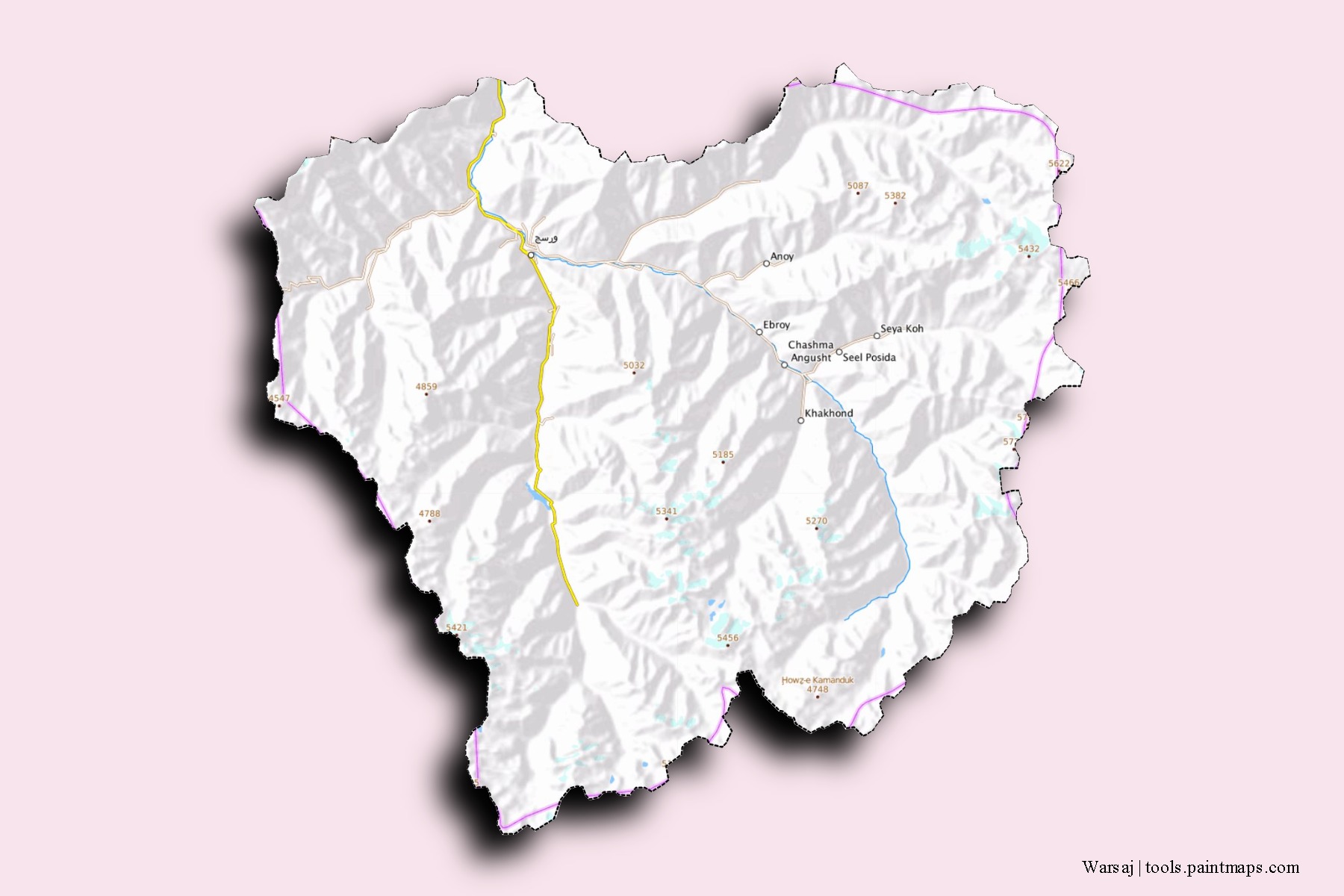 Mapa de barrios y pueblos de Warsaj con efecto de sombra 3D