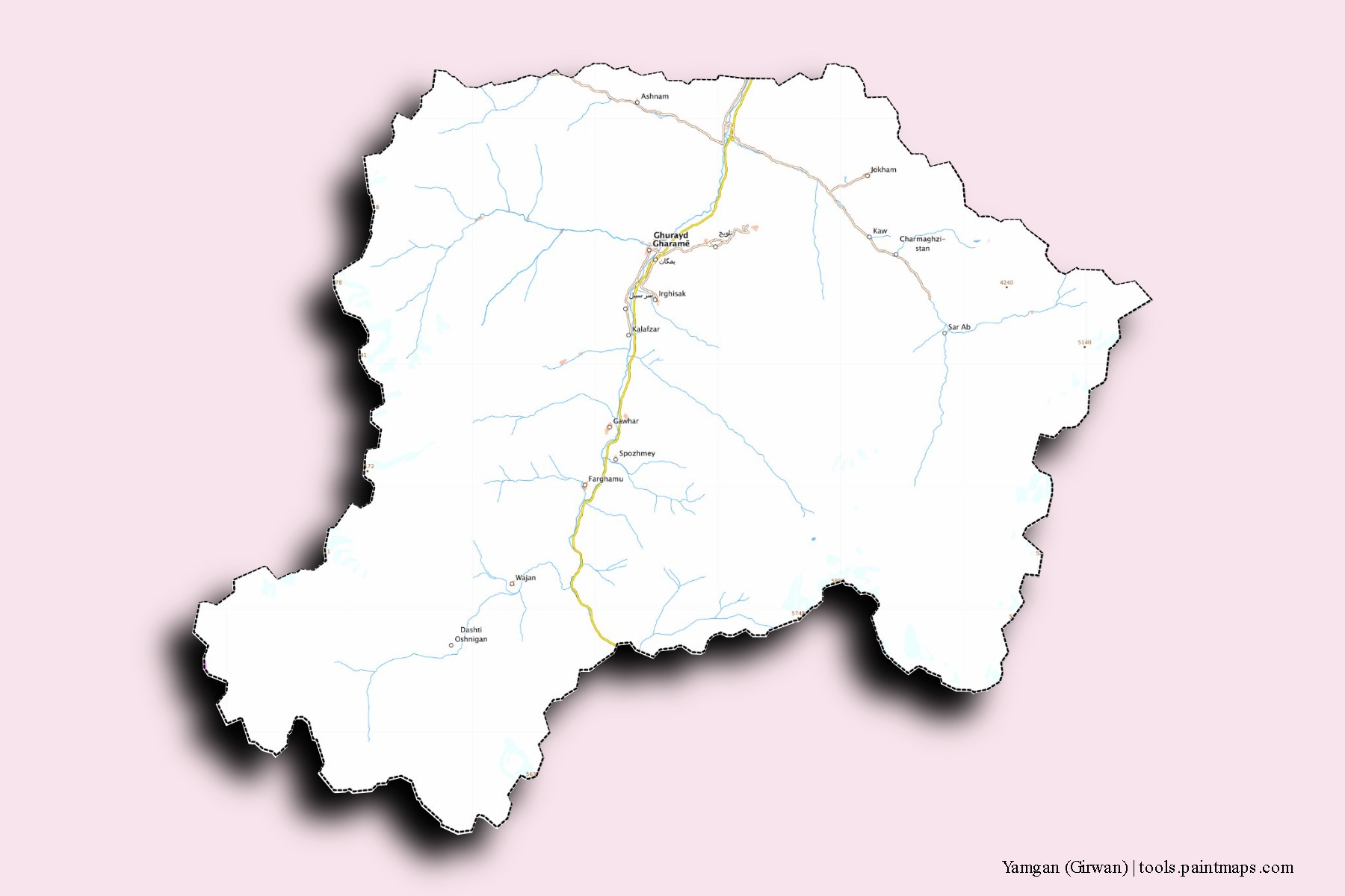 Mapa de barrios y pueblos de Yamgan (Girwan) con efecto de sombra 3D