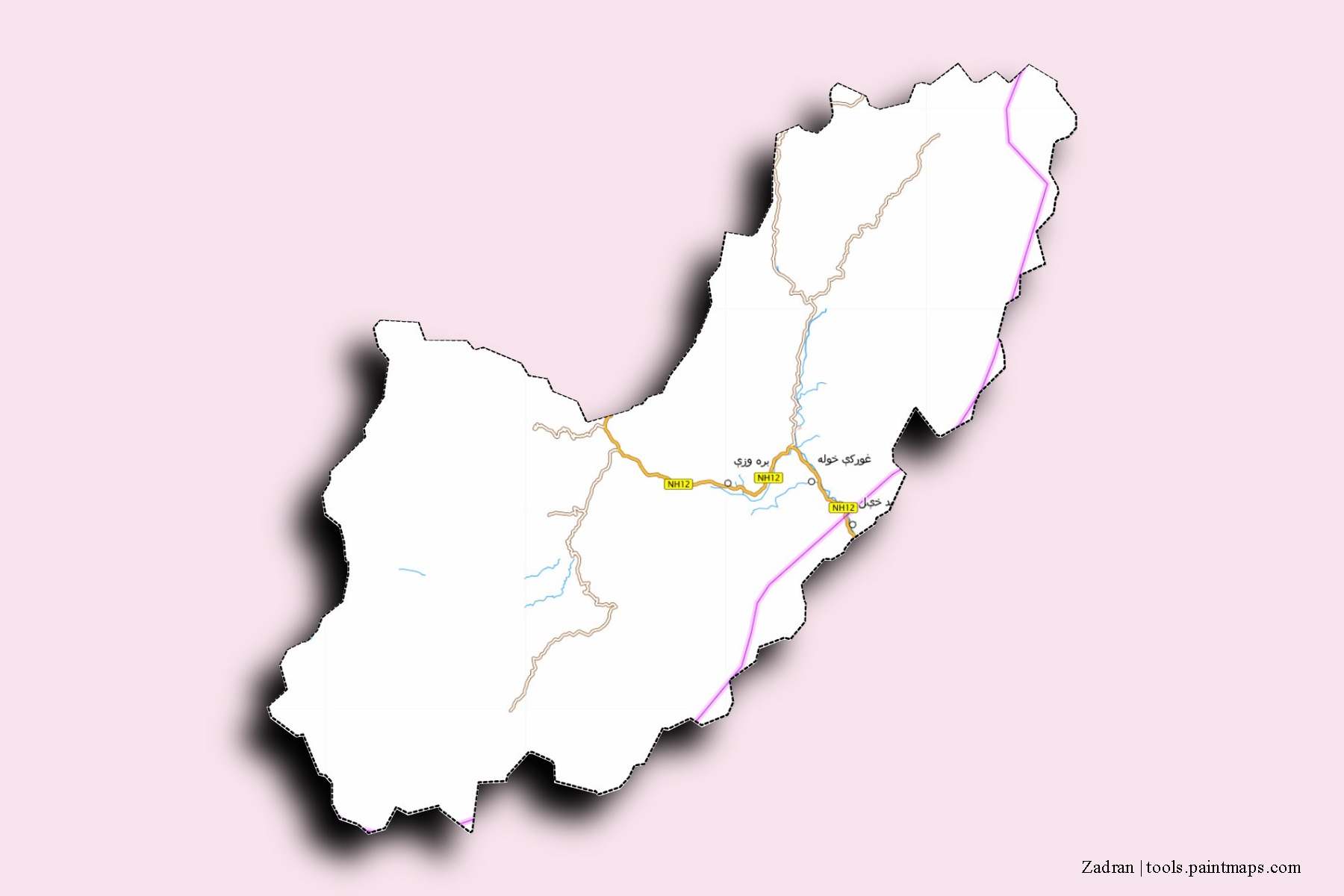 Mapa de barrios y pueblos de Zadran con efecto de sombra 3D