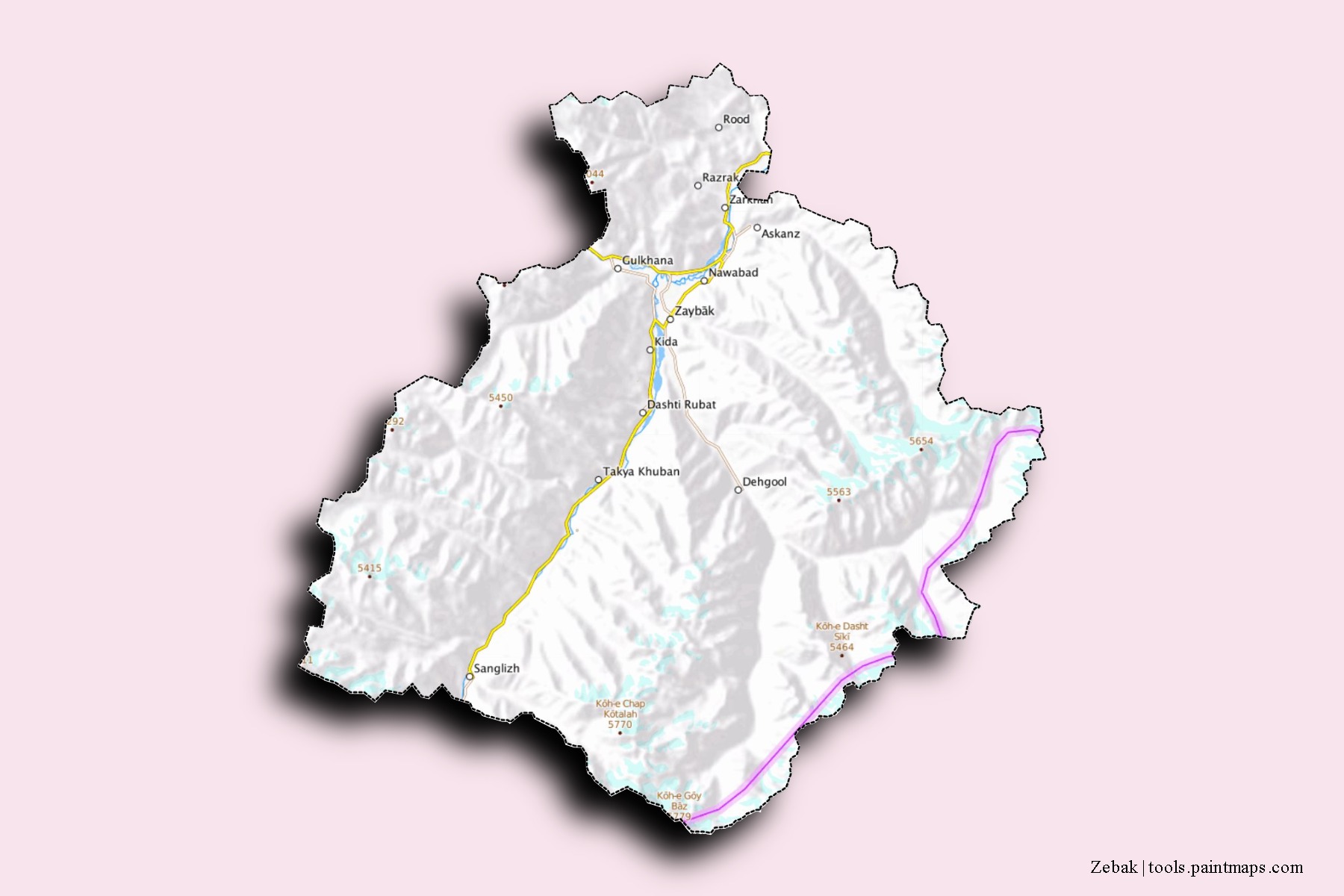 Mapa de barrios y pueblos de Zebak con efecto de sombra 3D