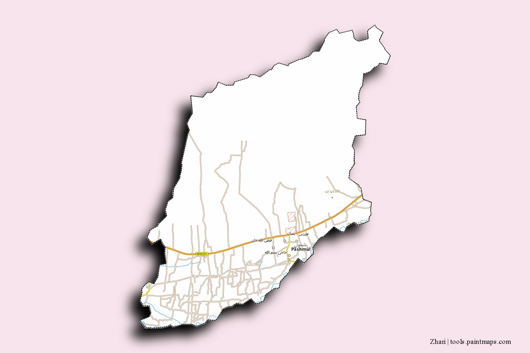 Zhari neighborhoods and villages map with 3D shadow effect