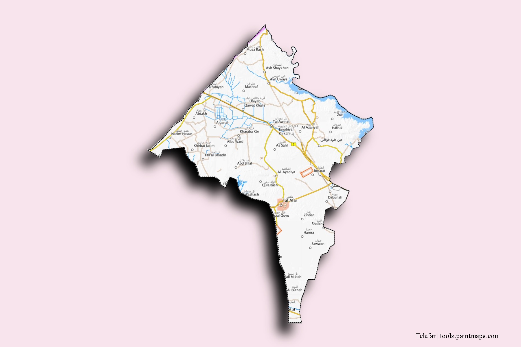 Mapa de barrios y pueblos de Telafar con efecto de sombra 3D